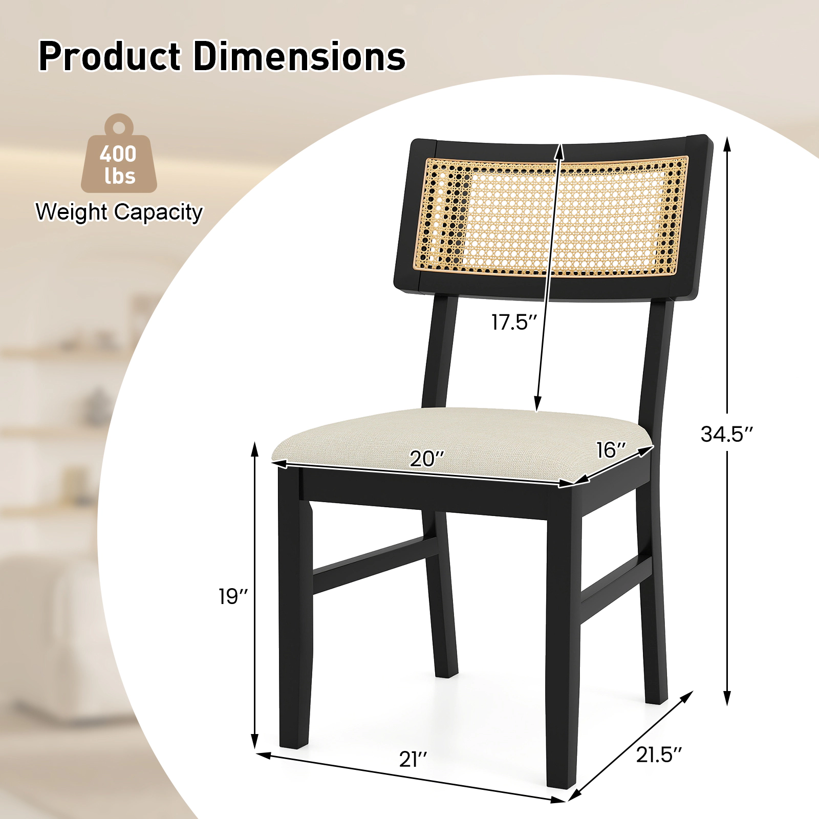 SUGIFT Set of 2 Black Rattan Dining Chairs with Linen Upholstered Seats