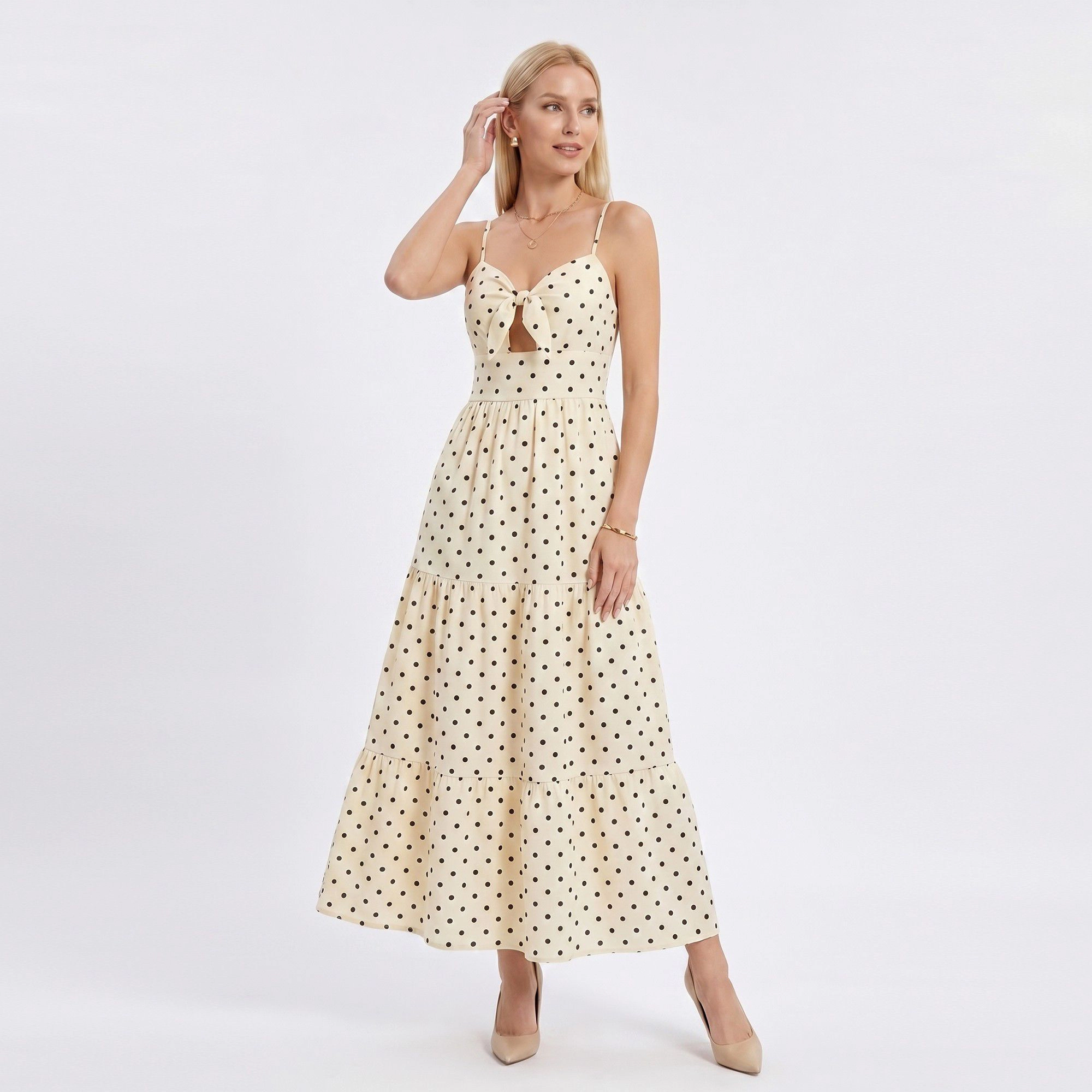 Anna-Kaci Women's Polka Dot Maxi Dress with Tie Front Cutout and Tiered Skirt