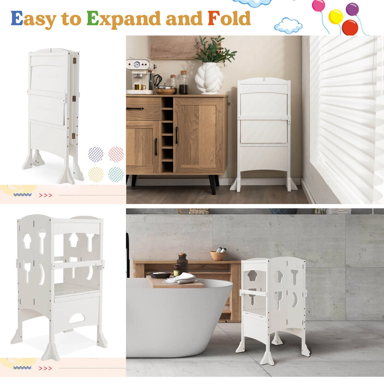 SUGIFT White Lockable Safety Rail for Age 3 and Up Folding Wooden Kids Step Stool
