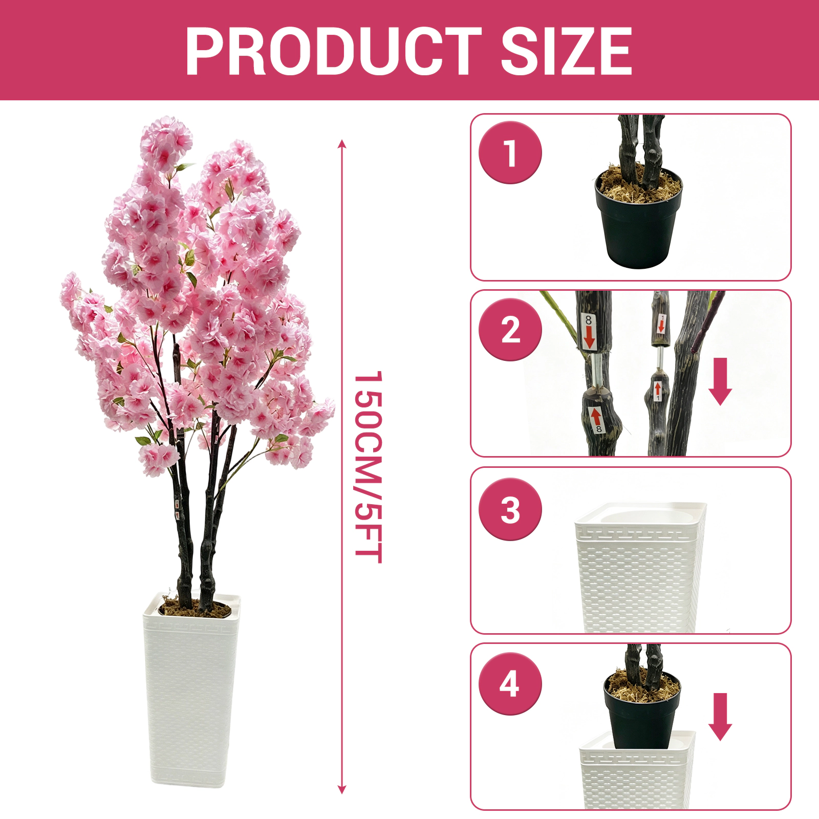 5FT Faux Cherry Blossom Tree – Large Silk Spring Flowering Tree with White Planter, Adjustable Branches, Realistic Dec