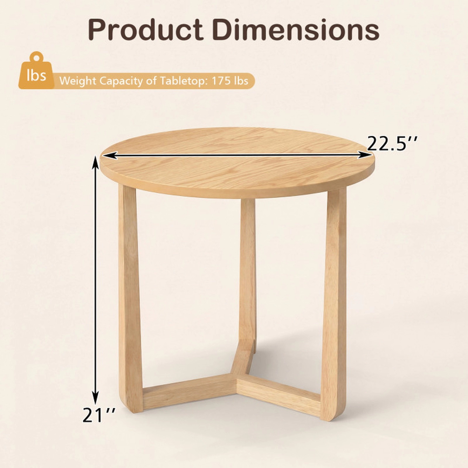 SUGIFT Triangular Rubber Wood Legs 0.7-in Top Farmhouse End Table 22.5-in Diameter 21-in Tall 176-lb Capacity Natural