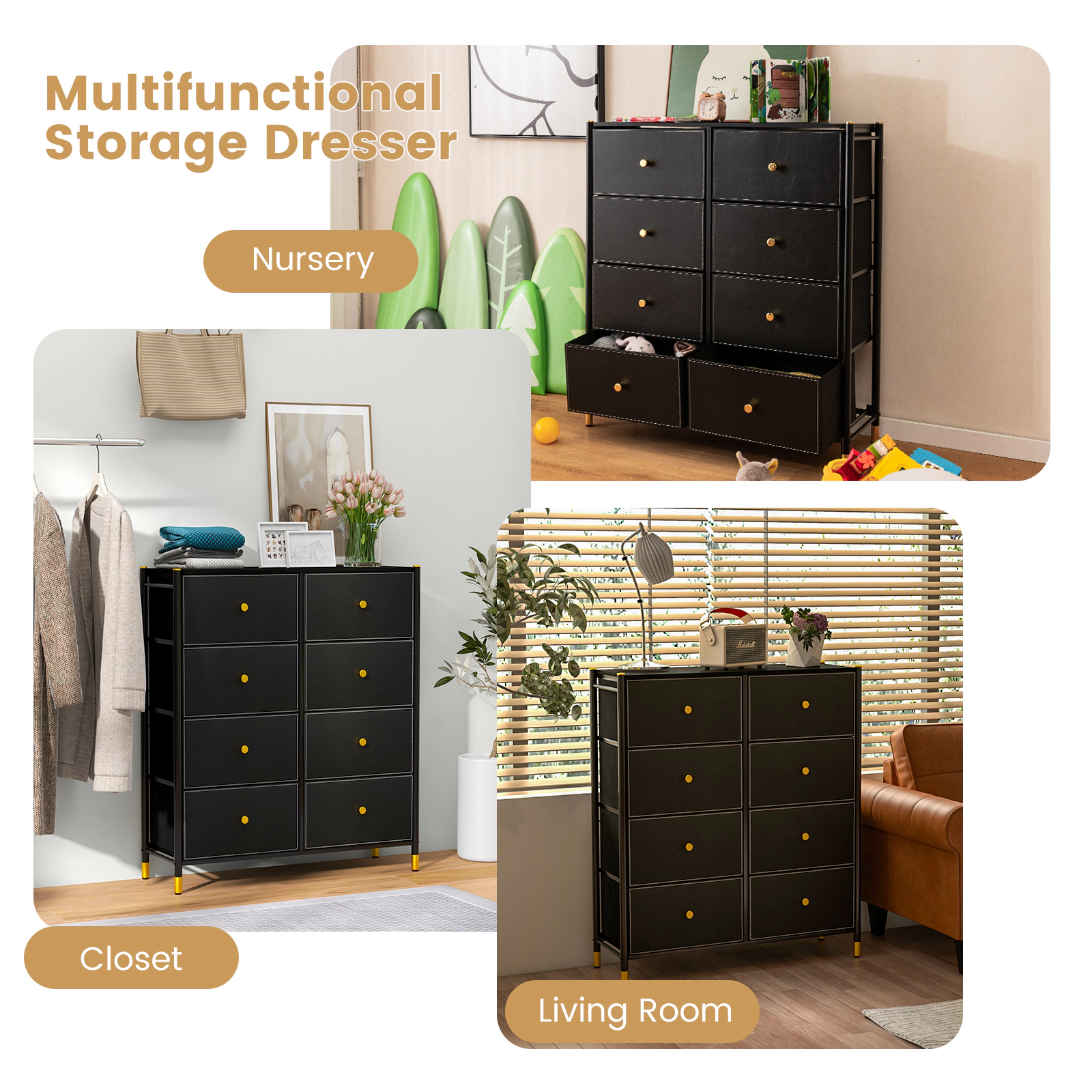 LJG Floor Dresser Storage Organizer with 5/6/8 Drawers with Fabric Bins and Metal Frame-8-Drawer