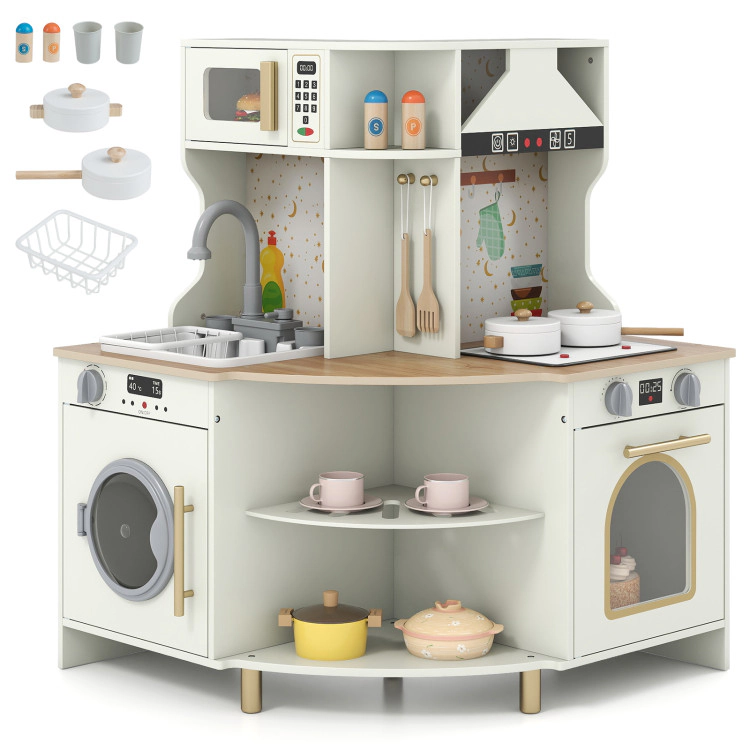 Hivvago Kids Play Kitchen Wooden Corner Kitchen Playset with Working Faucet and Sink