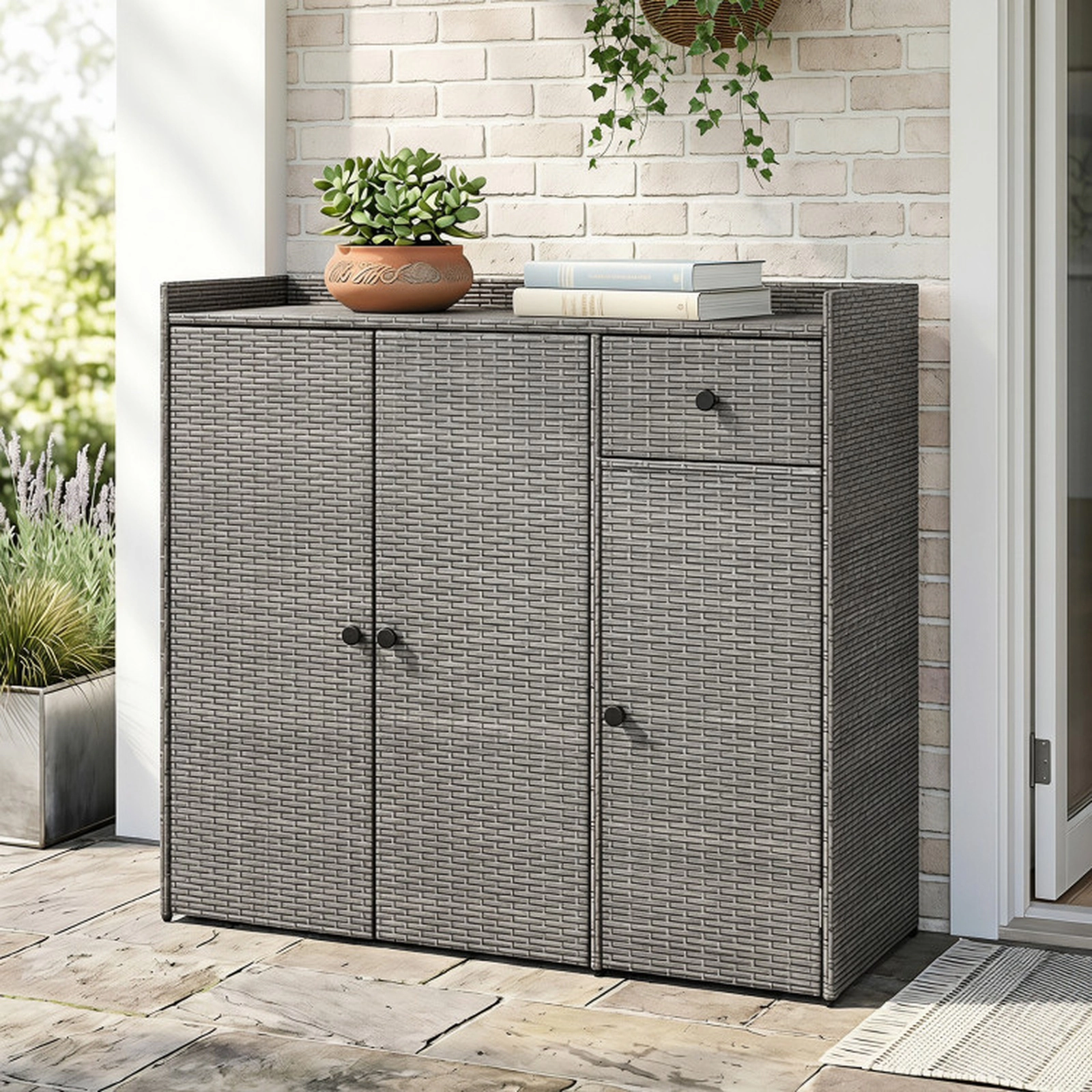 SUGIFT 3-Door PE Rattan Outdoor Storage Cabinet with 110-lb Baffled Countertop and Adjustable Shelves