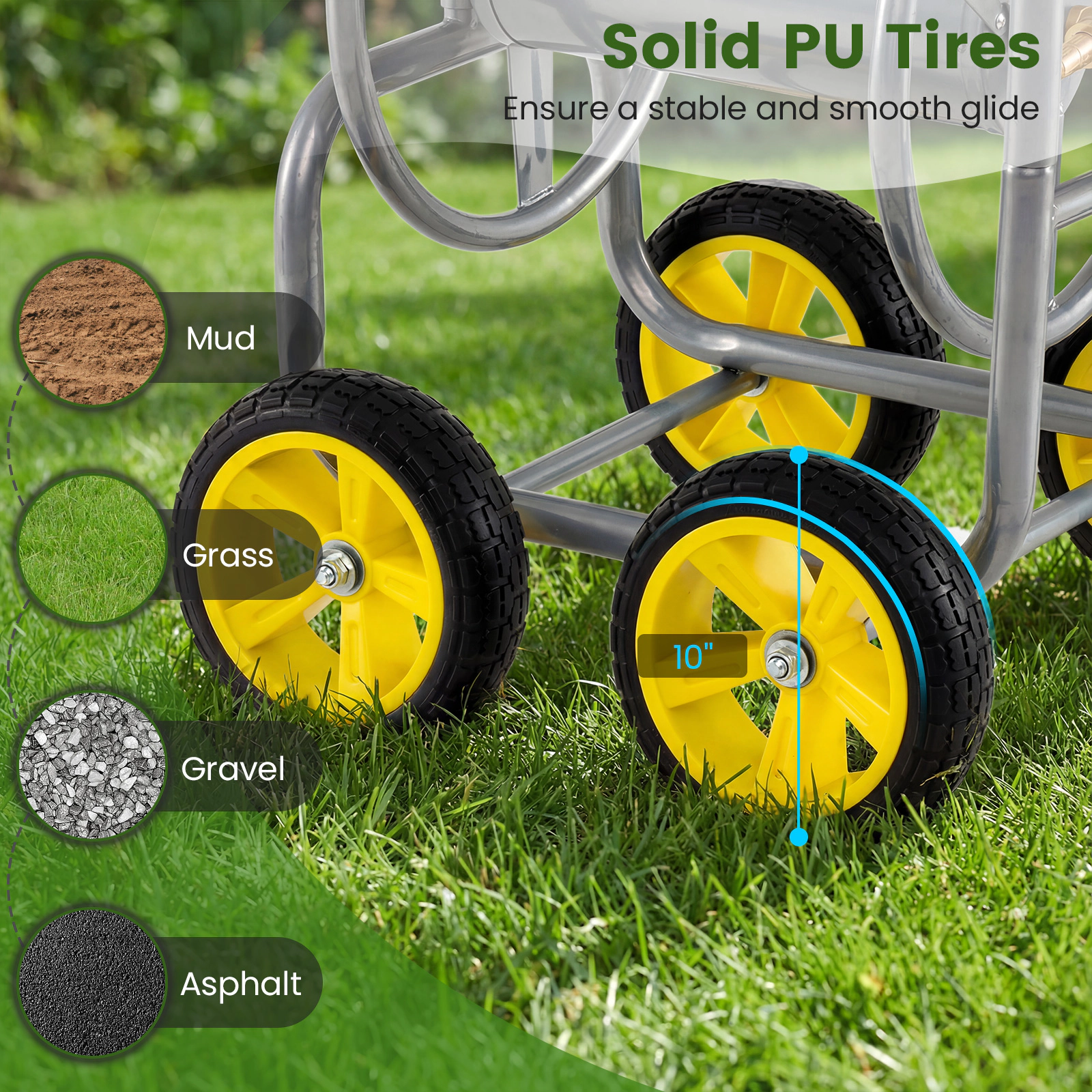 SUGIFT Garden Hose Reel Cart Silver 330 Feet Heavy-Duty Metal Cart with 4 Wheels
