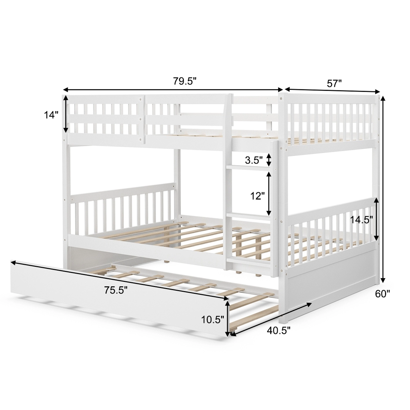 SUGIFT White Trundle Ladder and Full-Length Guard Panel Full Over Full Kids Bunk Bed