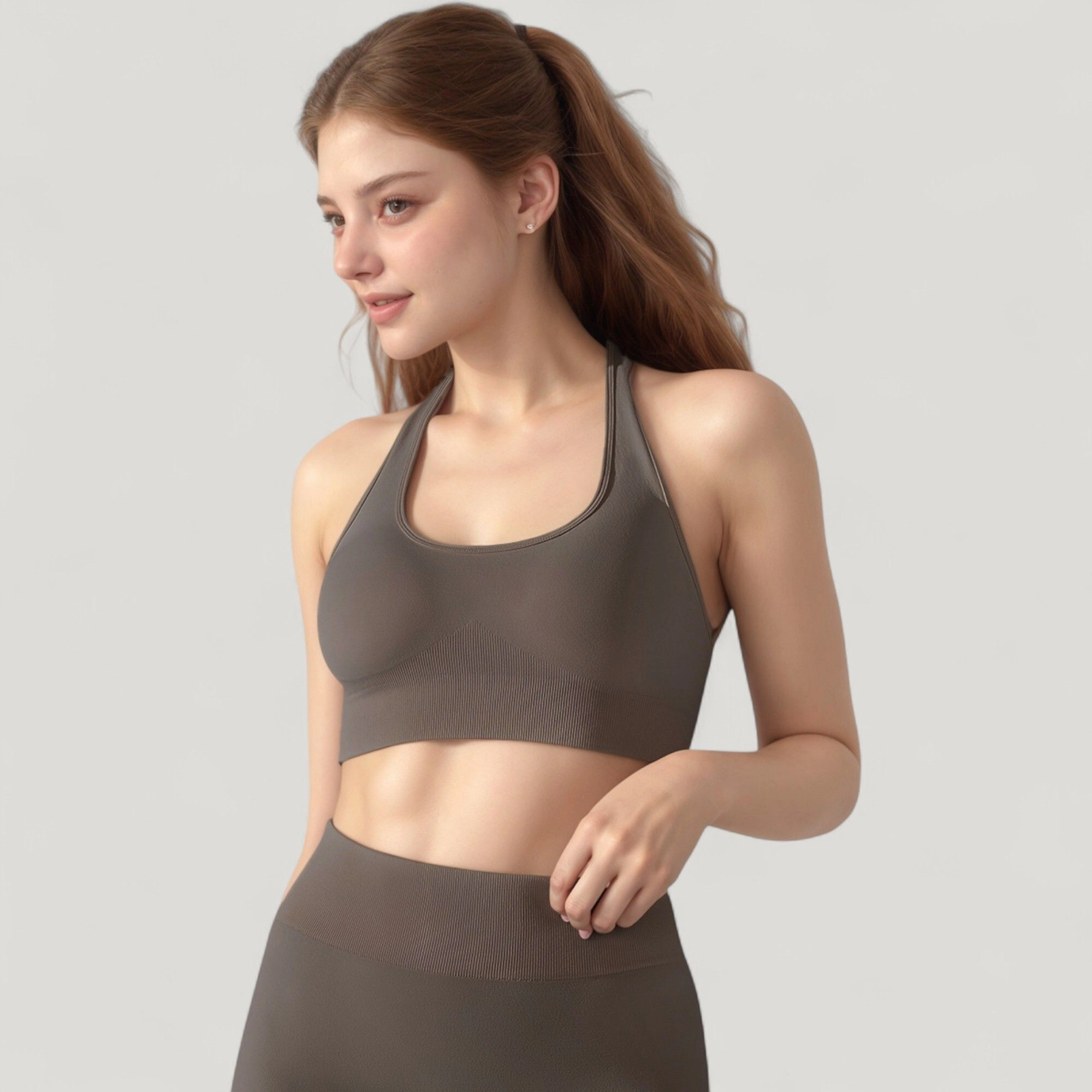 Anna-Kaci Women's Seamless Halter Neck Athletic Crop Top with Ribbed Detailing