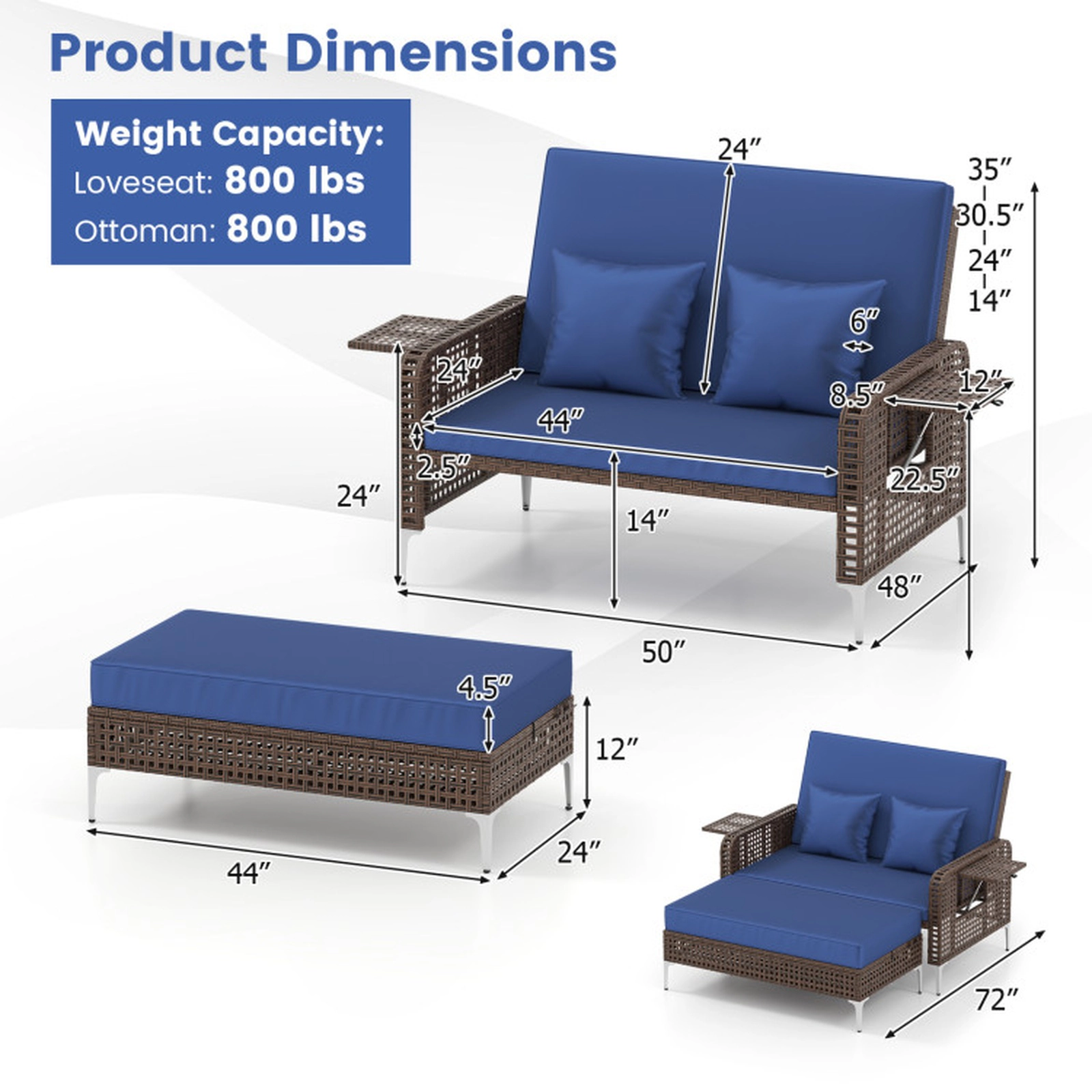 SUGIFT Navy Folding Table 2-Piece Patio Rattan Daybed Wicker Loveseat and Ottoman