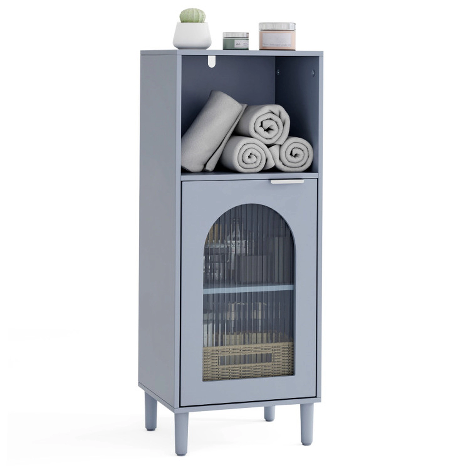 SUGIFT Tempered Glass Door Solid Wood Legs Side Bathroom Floor Storage Cabinet 14-in x 12-in x 35.5-in 110-lb Top Gray
