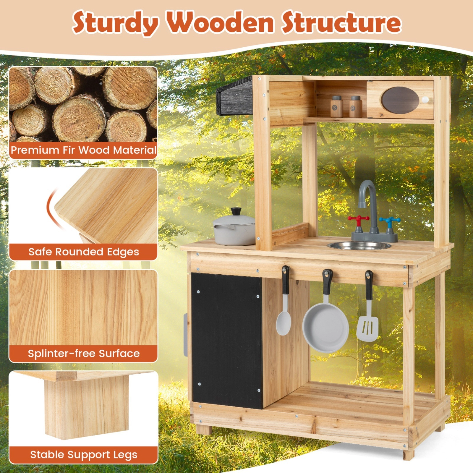 Outdoor Mud Kitchen for Kids with Chalkboard Stove Sink and 4 Storage Zones 23.5-in x 14-in x 38-in Fir Wood Natural
