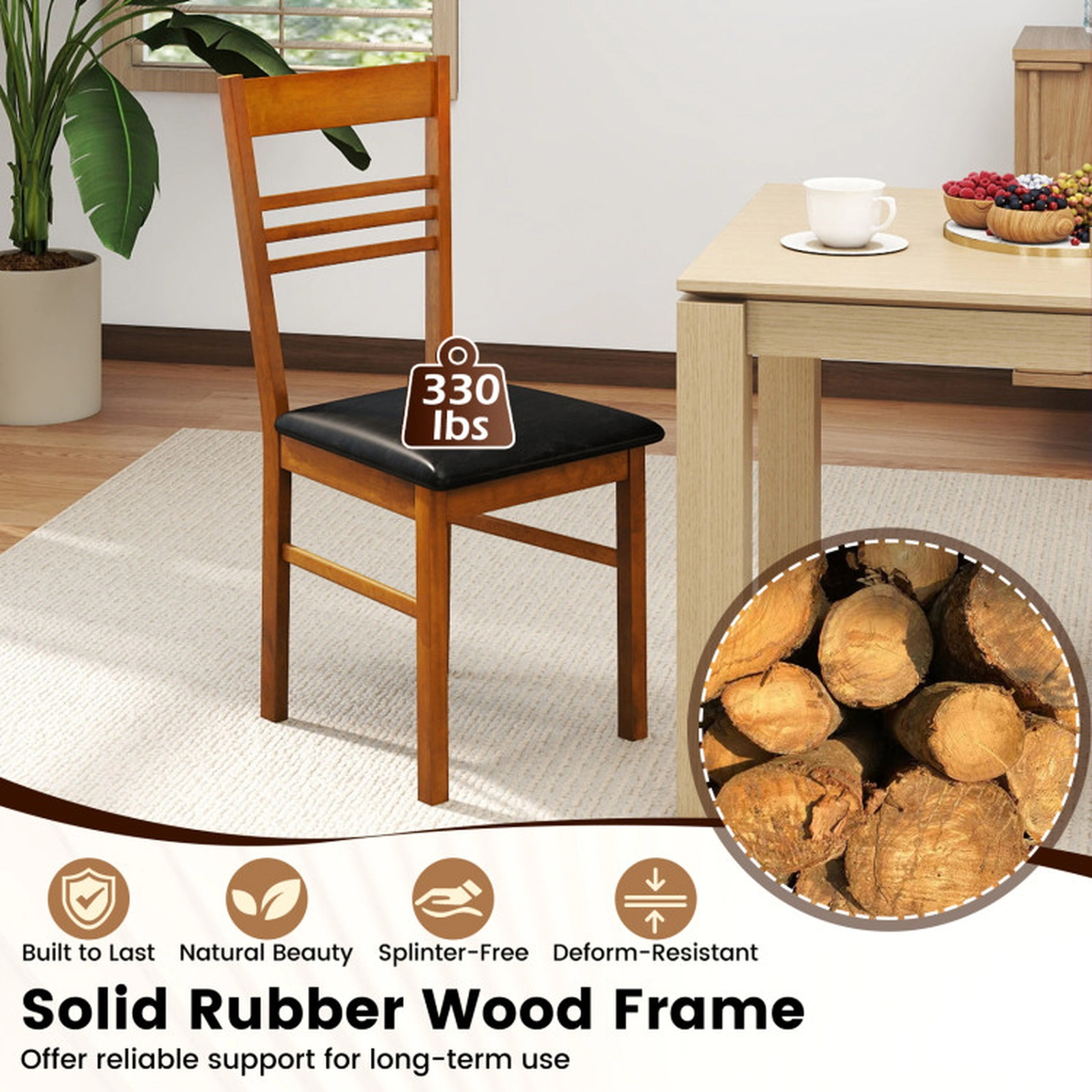SUGIFT High Back Wood Dining Chair with Rubber Wood Frame 330-lb Capacity Walnut/White Frame Black/Brown Seat