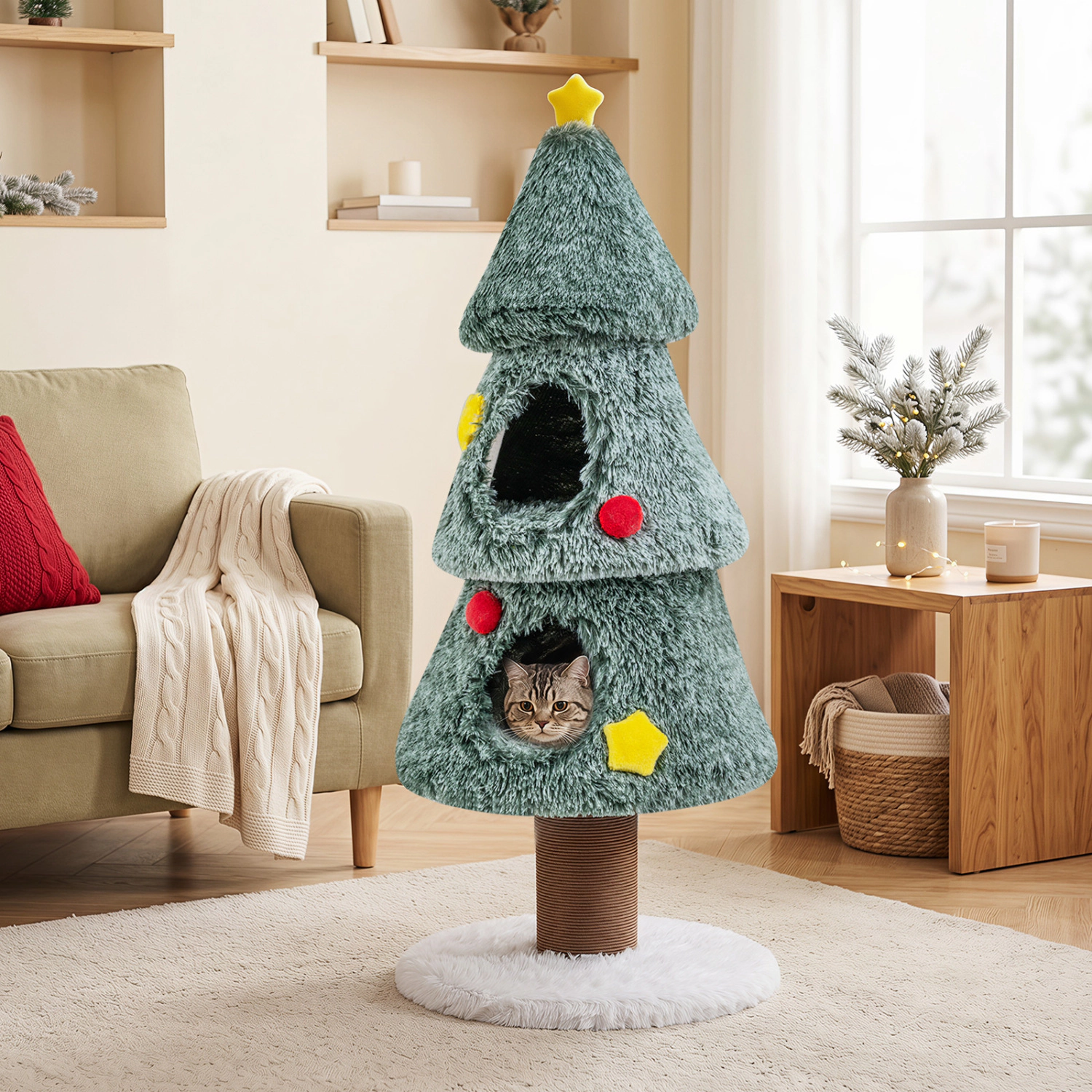 LJG Christmas Cat Tree with 2 Condos Scratching Post and Decorative Stars