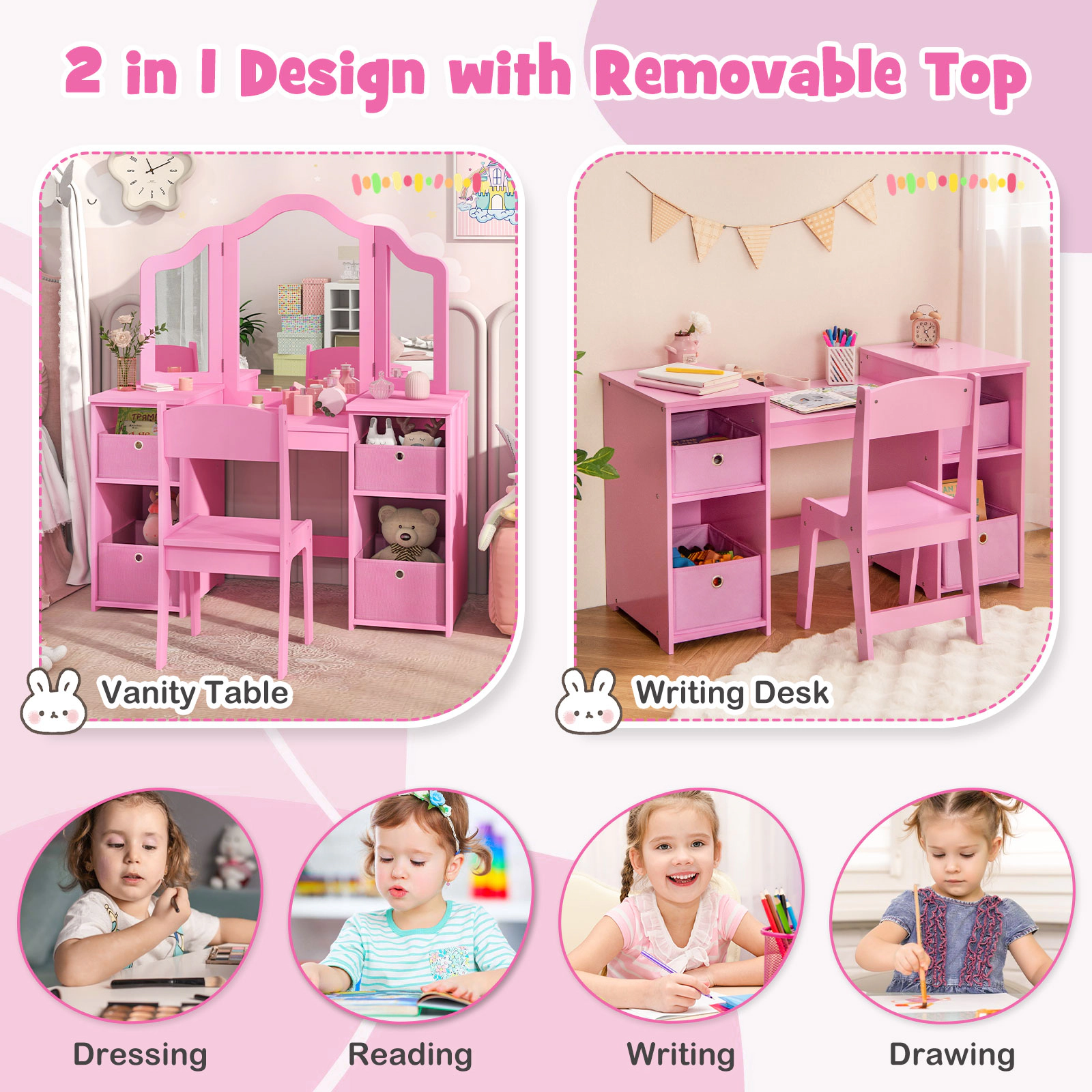 SUGIFT 2-Piece Pink Kids Vanity Table and Chair Set, 3 Removable Mirrors, 4 Fabric Bins