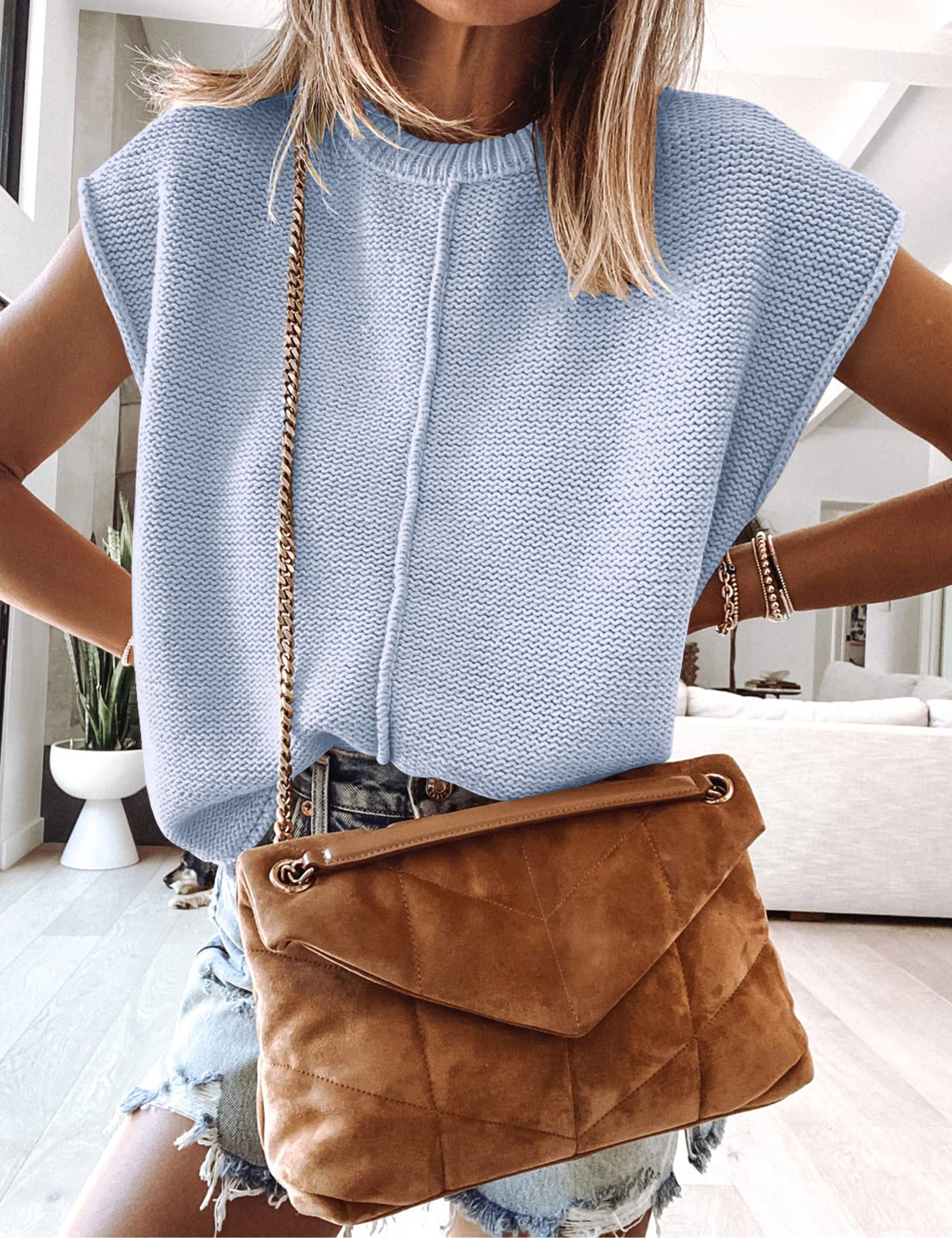 KOJOOIN Womens Sweater Vest Cap Sleeve Tops Western Knit Tank Top Crew Neck Sleeveless Pullover