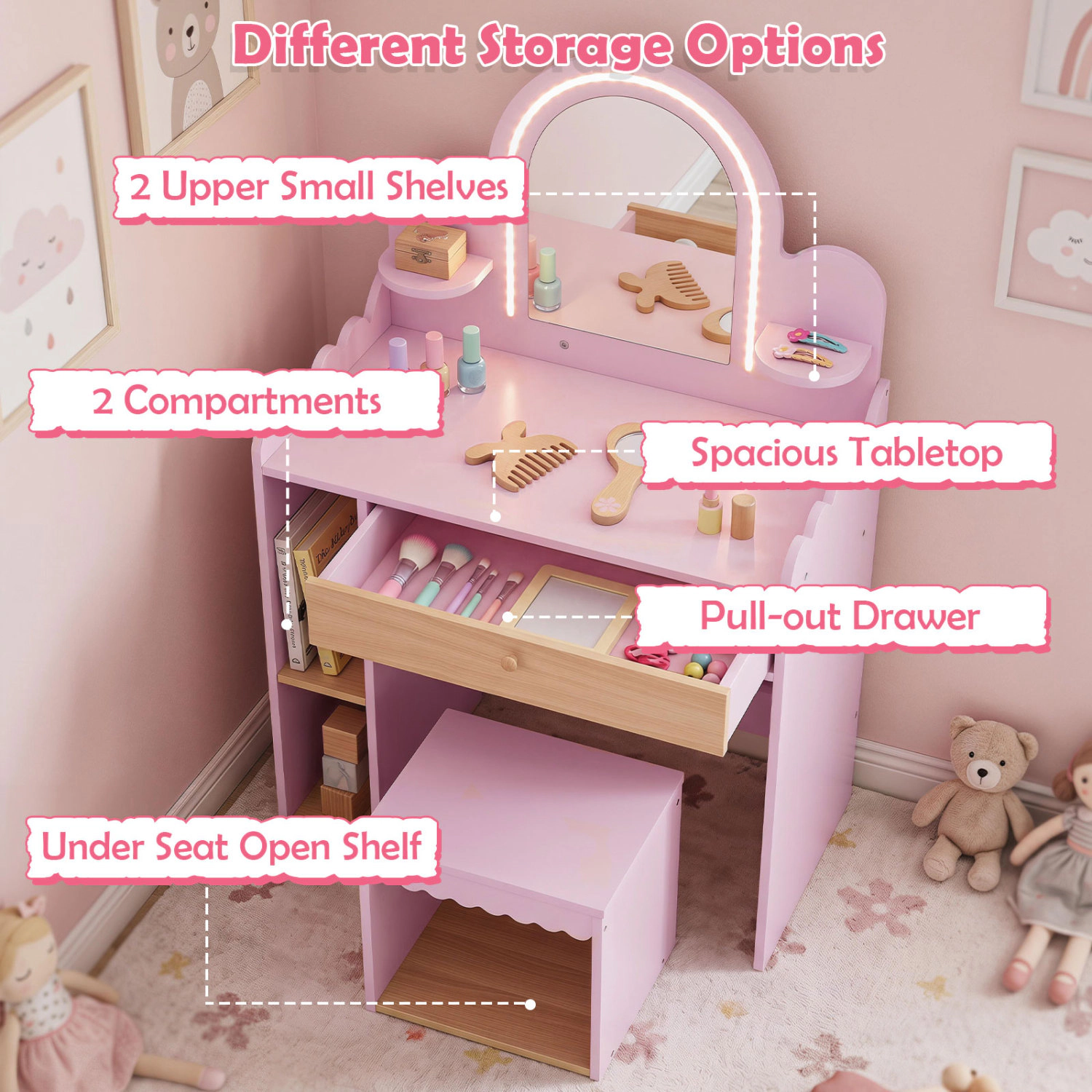 Hivvago Pretend Makeup Dressing Table Set With 2 Small Shelves And Compartments