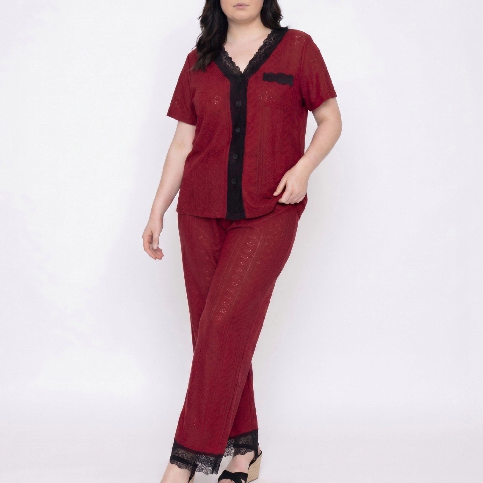 Anna-Kaci Women's Plus 2-Piece Pointelle Button Front Short Sleeve Pajama Top and Pants Set with Lace Trim