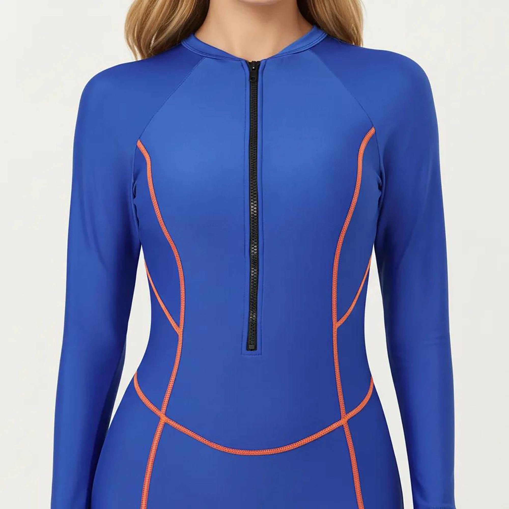 Anna-Kaci Women's Long Sleeve Zip Front Swim Romper - Contrast Seam Detail, Fitted Mid-Length Shorts
