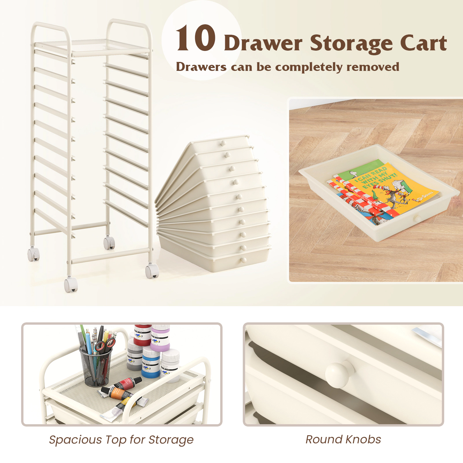 SUGIFT White 10-Drawer Rolling Storage Cart Organizer with Steel Frame and 2 Locking Casters for Office