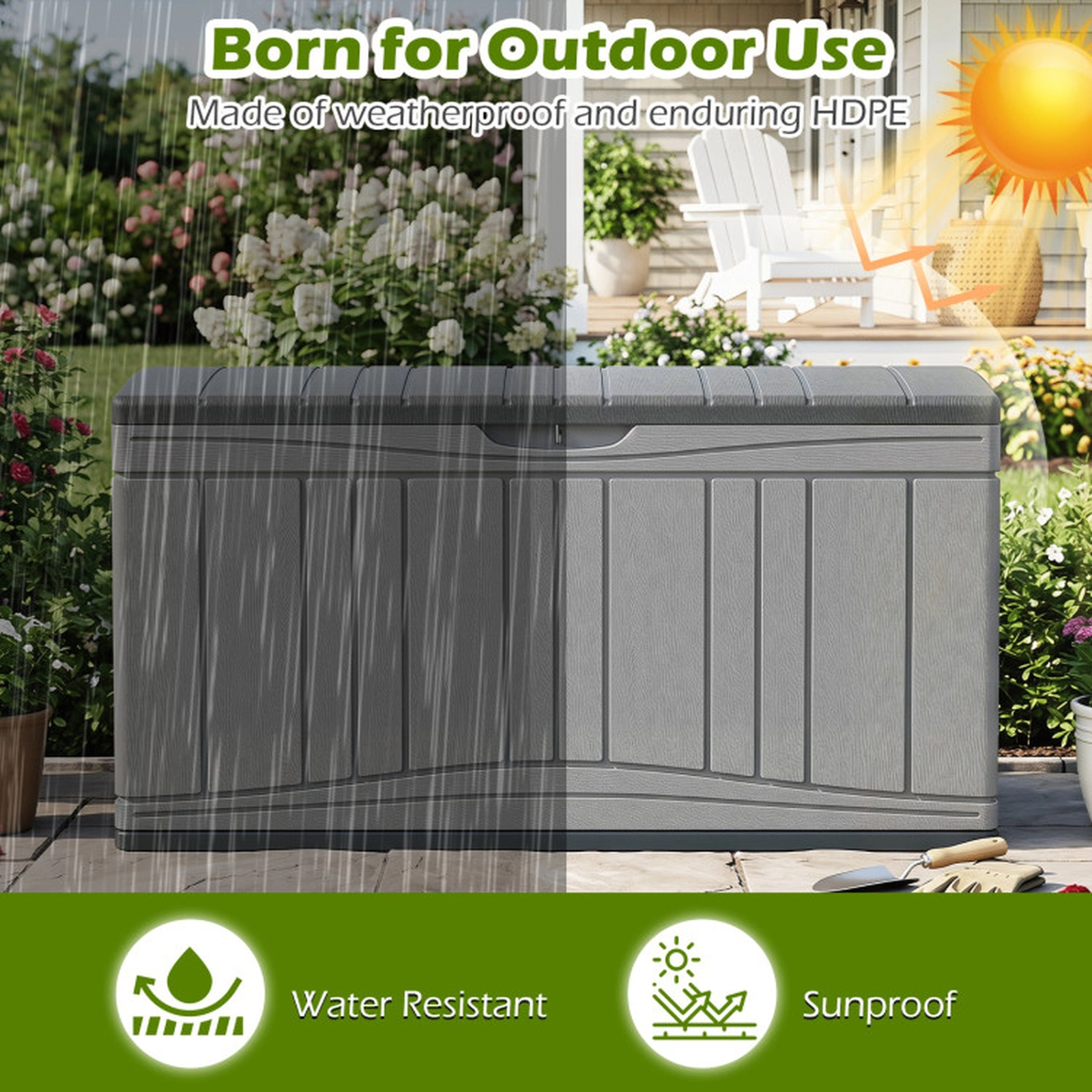SUGIFT 80 Gallon HDPE Storage Box Deck Box with Lockable Lid 330-lb Capacity 45-in Wide Garden Tools Cushions Gray