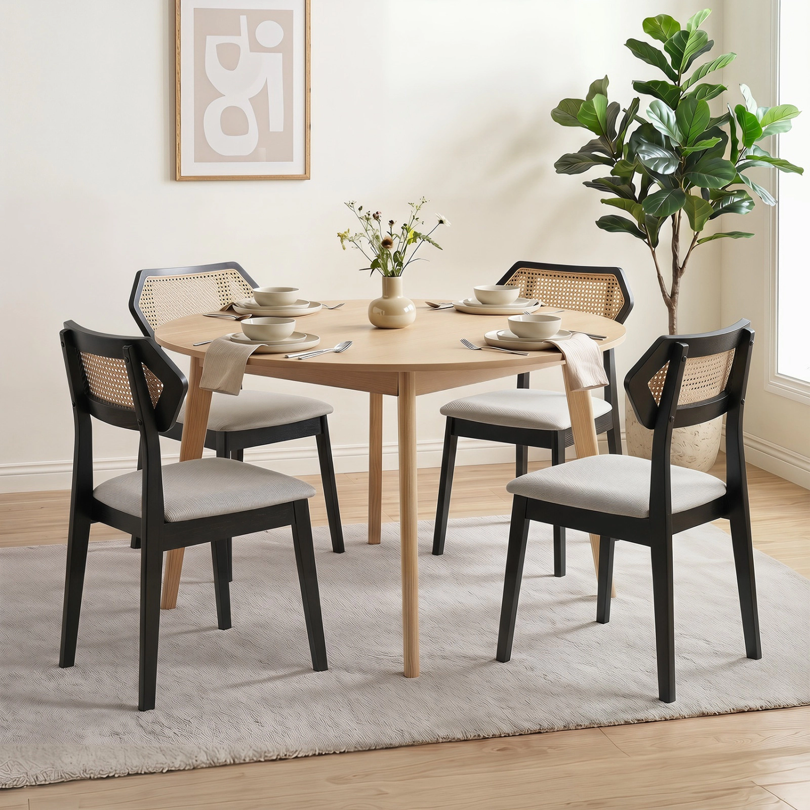 SUGIFT Set of 2 Black Mid-Century Armless Dining Chairs with Woven Rattan Backs