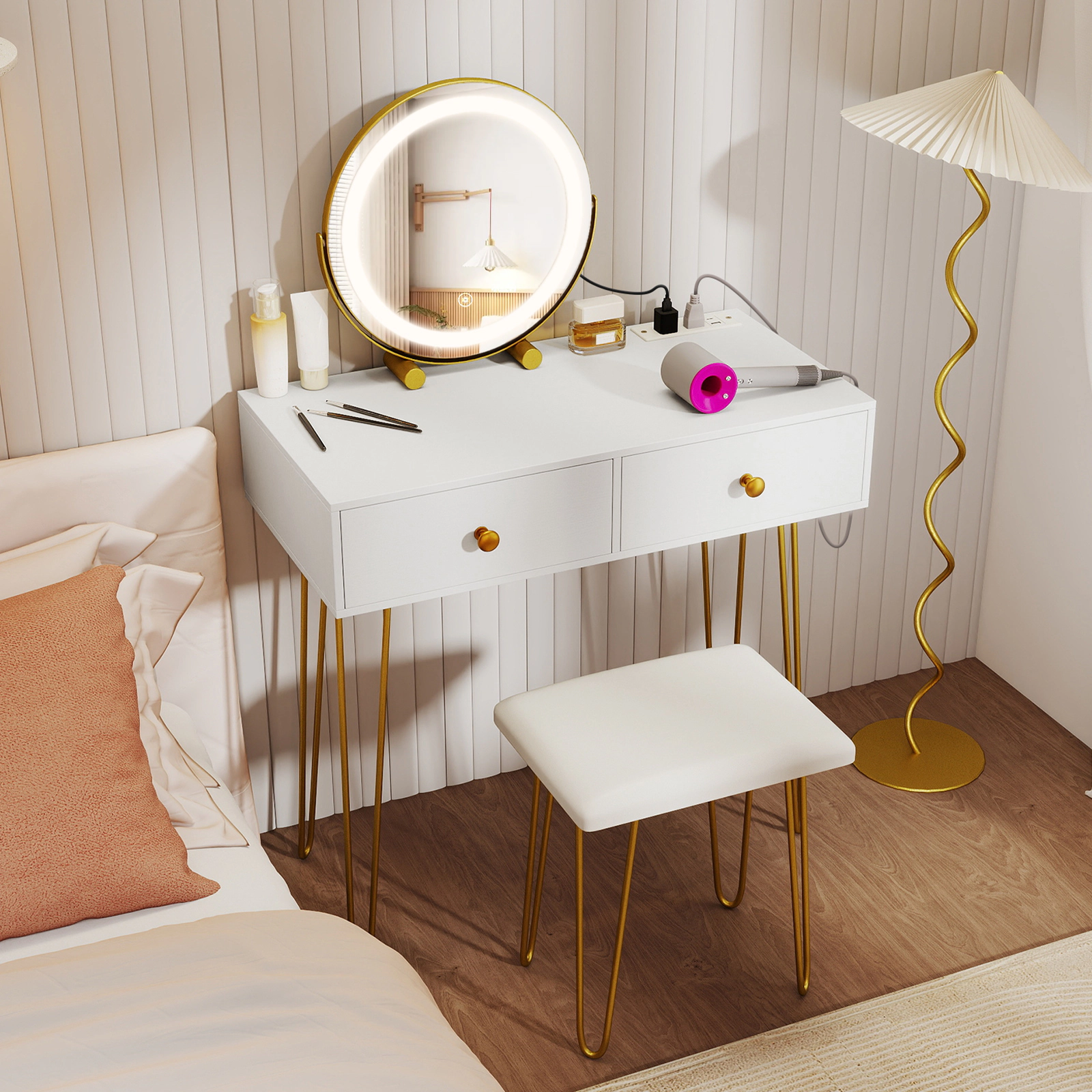 SUGIFT Vanity Desk with 16-in Round Lighted Mirror on 360-Degree Mount Metal Legs and Power Outlets