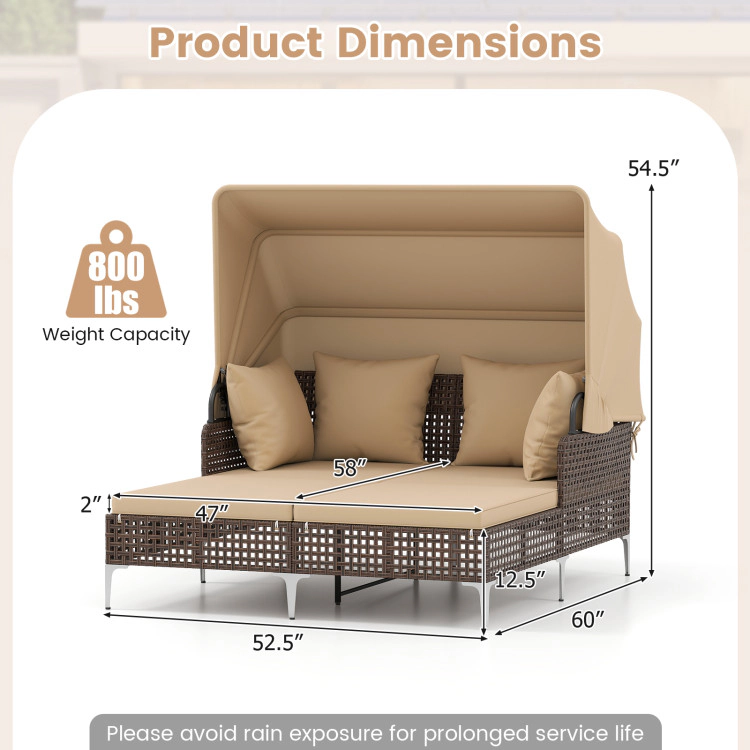 Hivvago Outdoor Daybed With Retractable Canopy Pe Wicker Rattan Patio Lounger