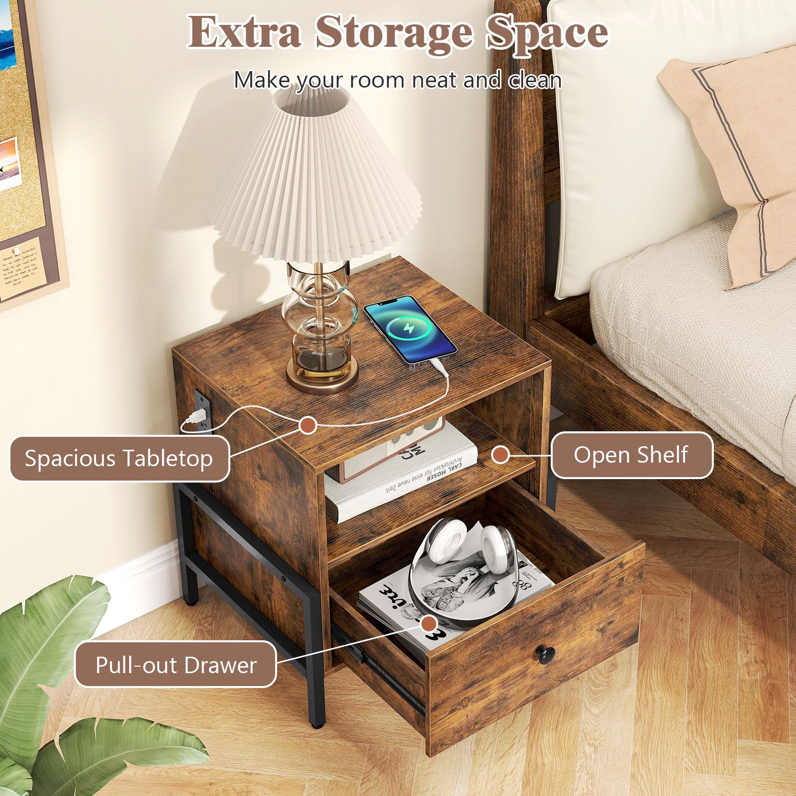 SlickBlue Unisex Industrial Nightstand with Charging Station Drawer