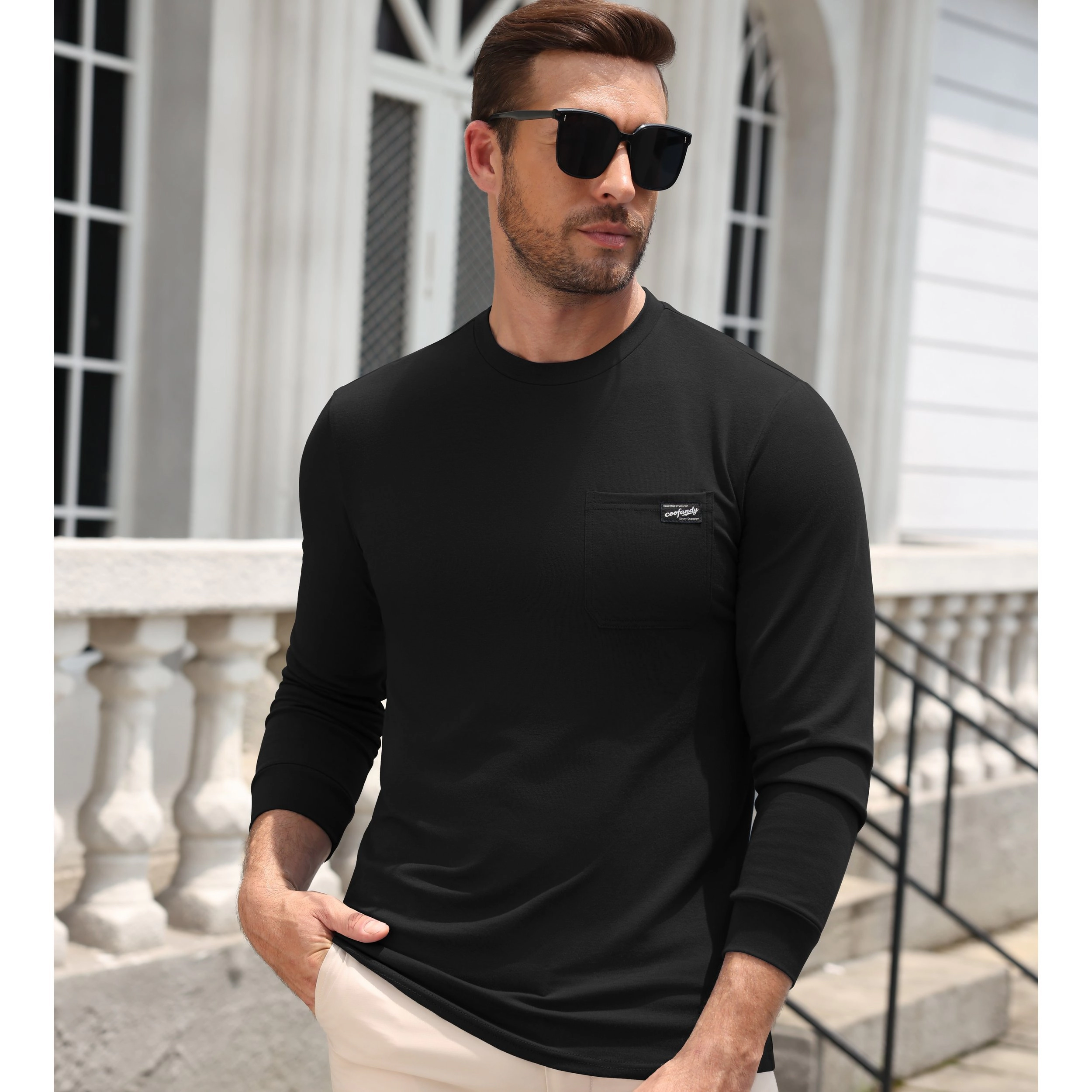 COOFANDY Men's Regular Fit Long Sleeve Crew Neck Pocket T-Shirt