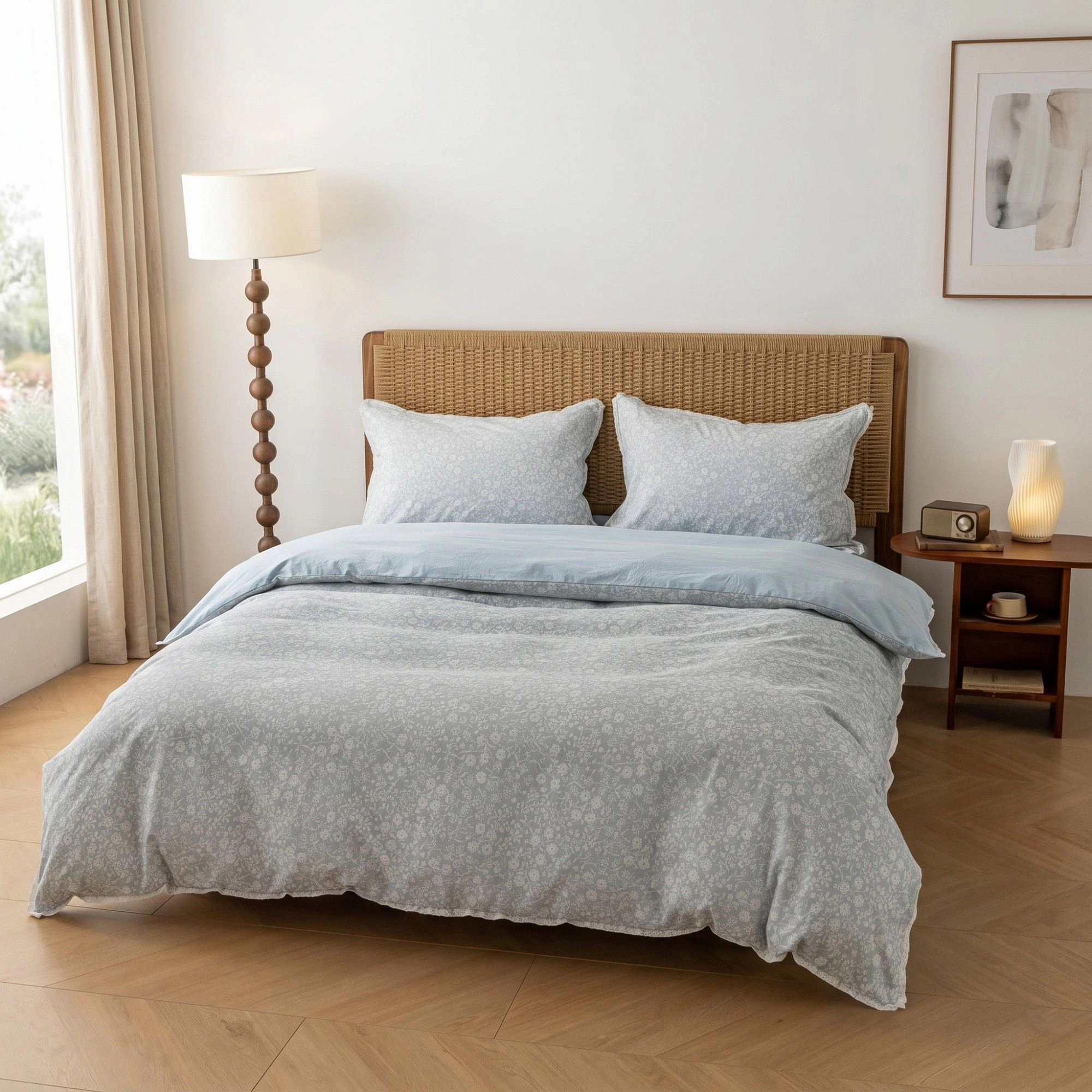 Alilang Unisex 4-Piece Cotton Washed Jacquard Bedding Set with Duvet Cover Flat Sheet and Pillowcases Floral Texture