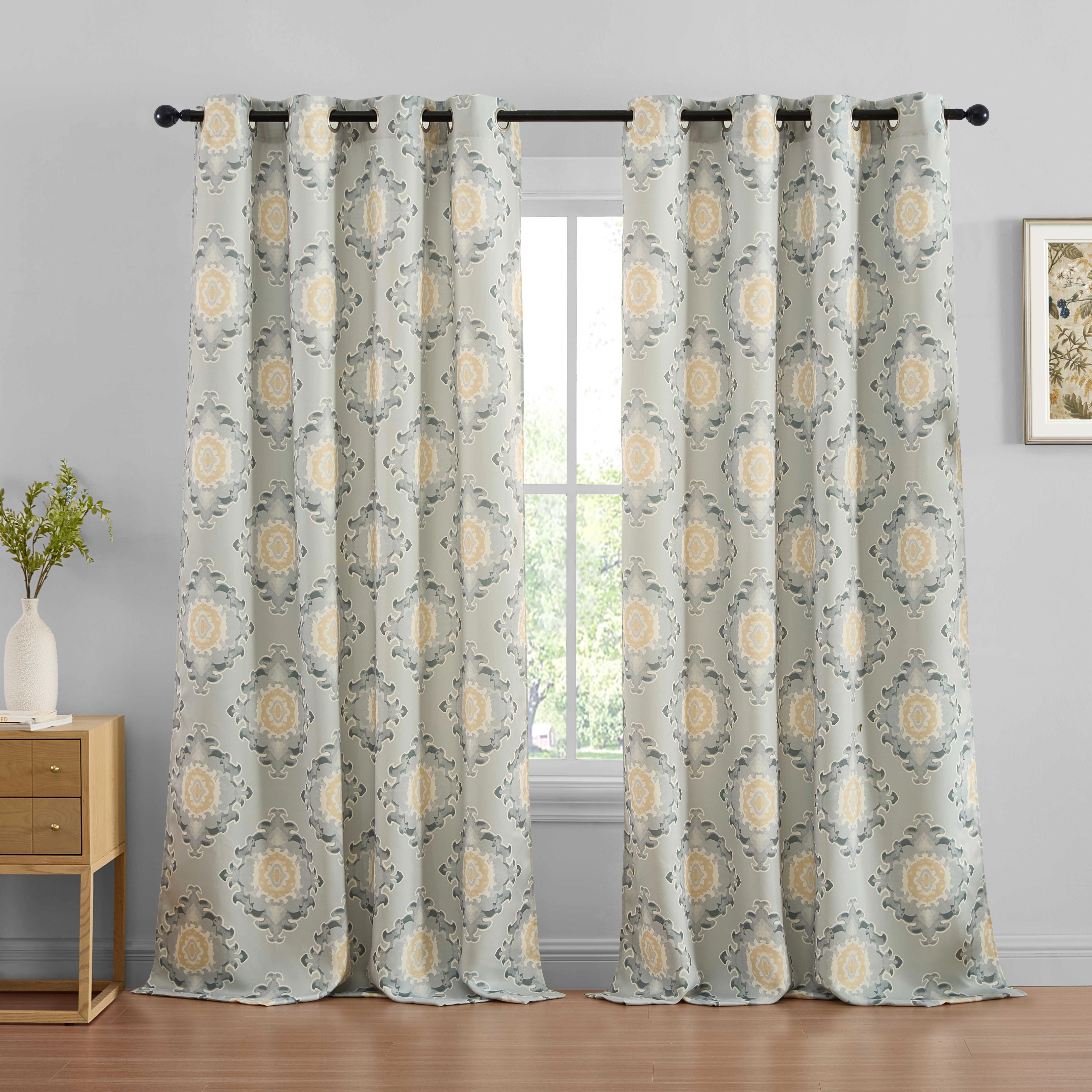 HLC.ME Liam Ogee Ikatt Damask Patterned Window Grommet Curtains - Light Blocking Darkening Panels, Set of 2