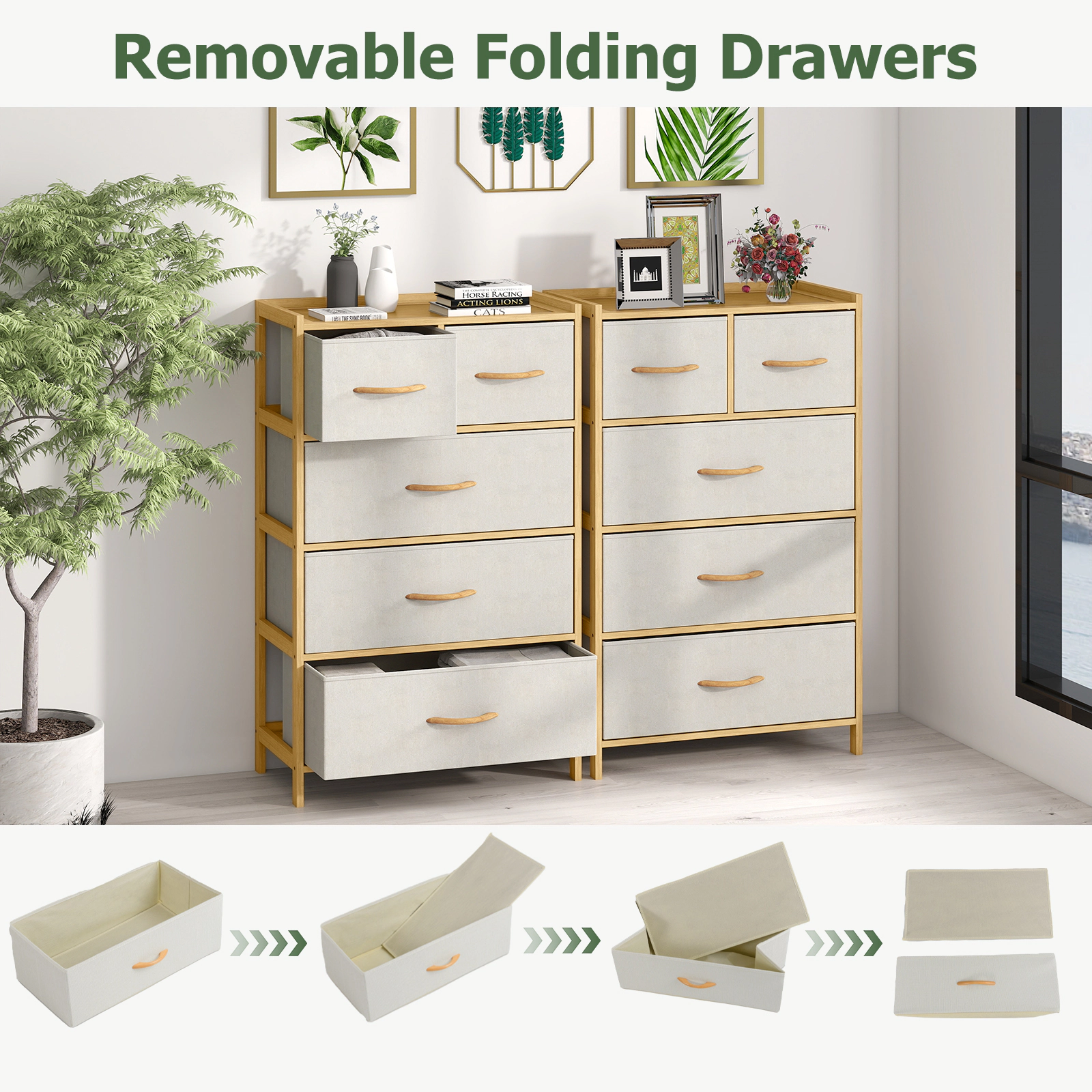 Glintex 5-Drawer Bamboo Dresser with Raised-Edge Top and Beech Handles, Natural