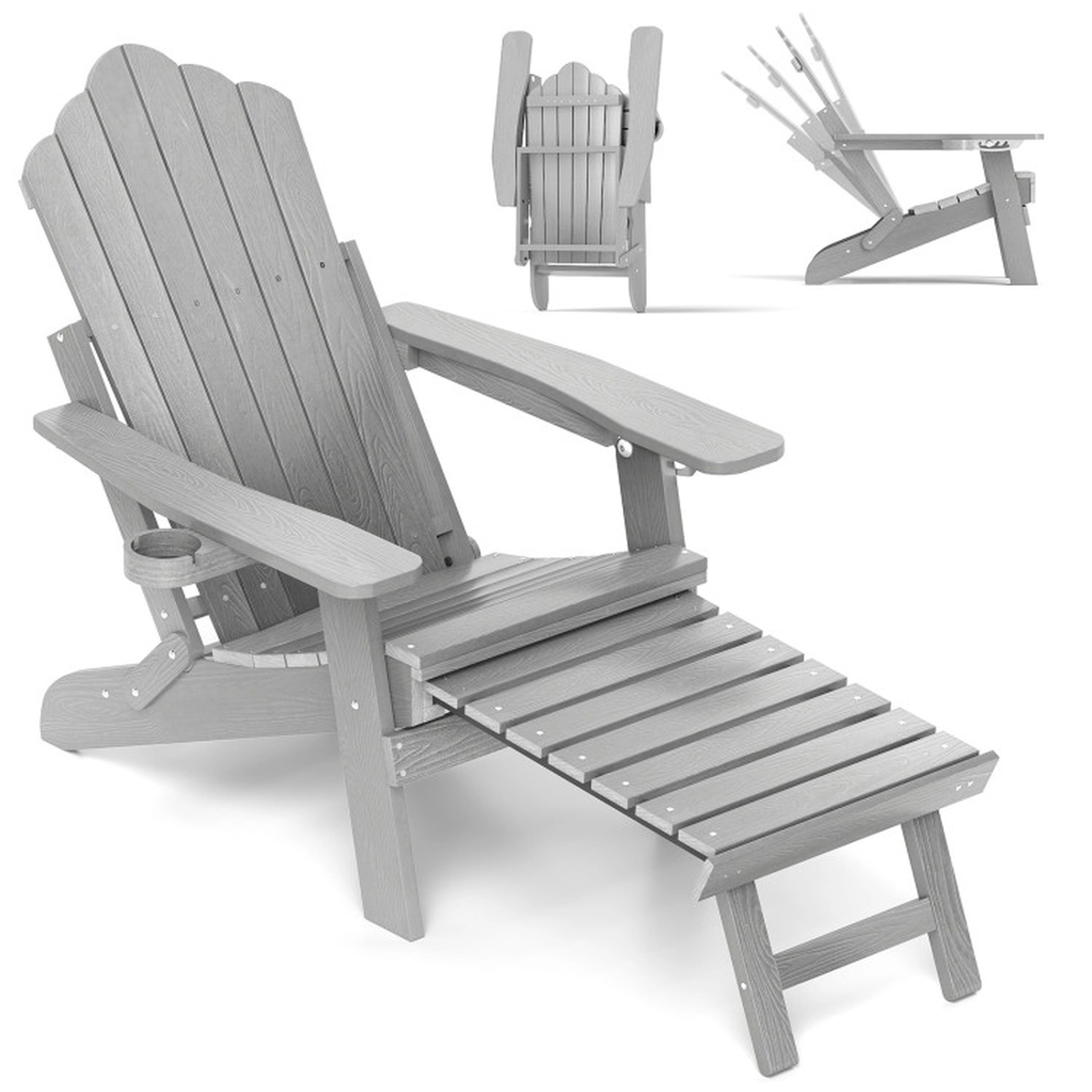 SUGIFT All-Weather HIPS Folding Adirondack Lounge Chair 4-Position Backrest 400-lb Capacity Retractable Footrest Gray