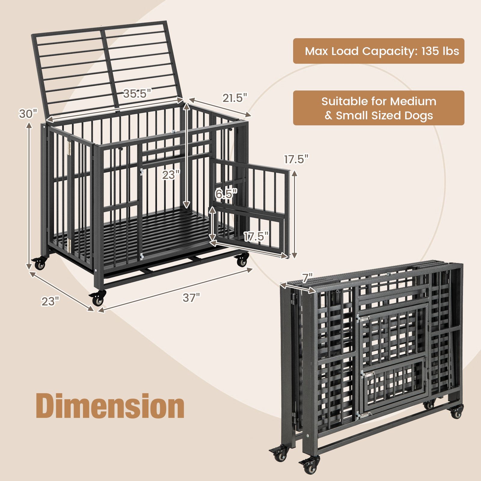 SUGIFT Foldable Heavy-Duty Dog Crate 135-lb Capacity Chew-proof Cage with Lockable Universal Wheels Black