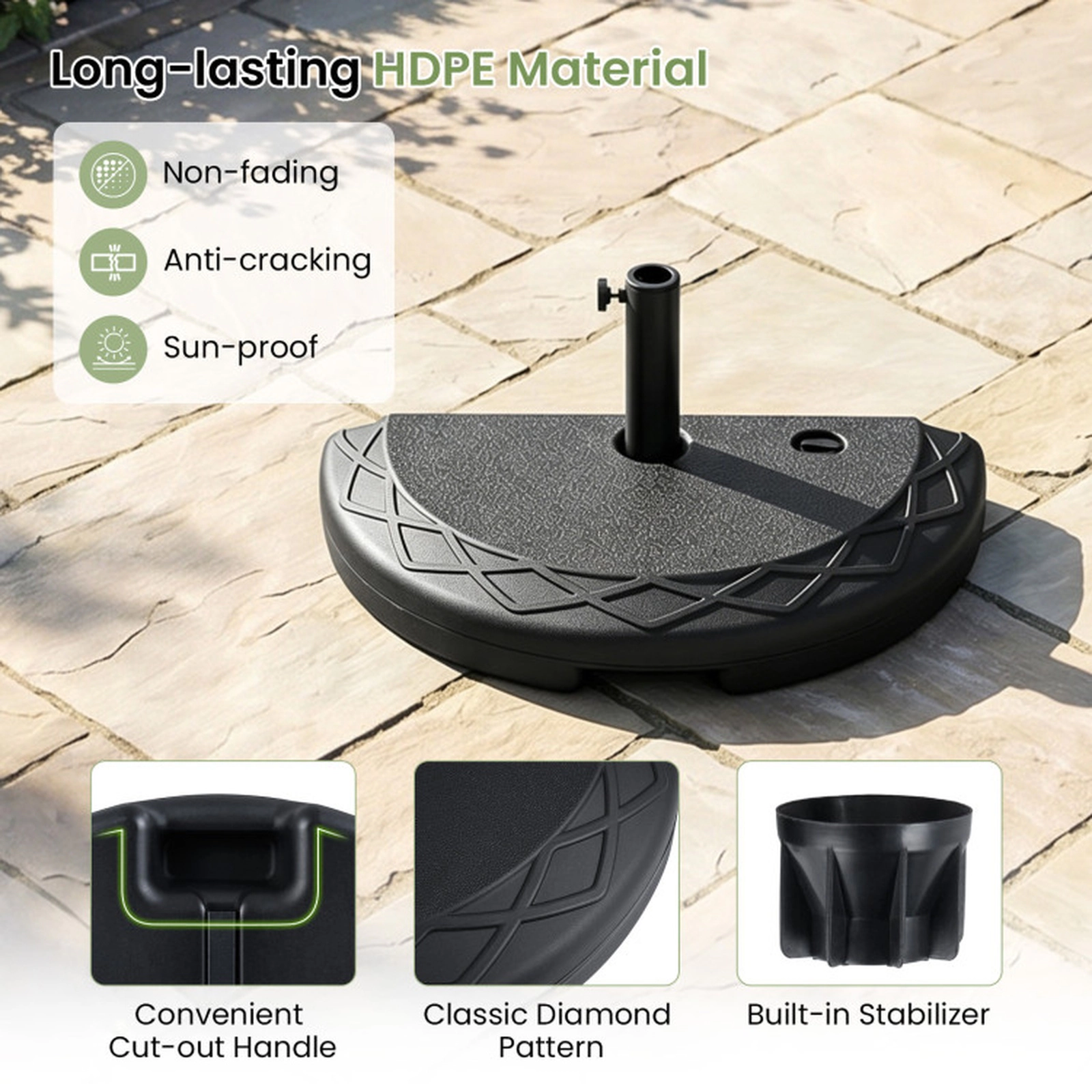 SUGIFT Half Round Patio Umbrella Base 44-lb Water and Sand Fillable Capacity for 7-8 ft Half Patio Umbrella Black
