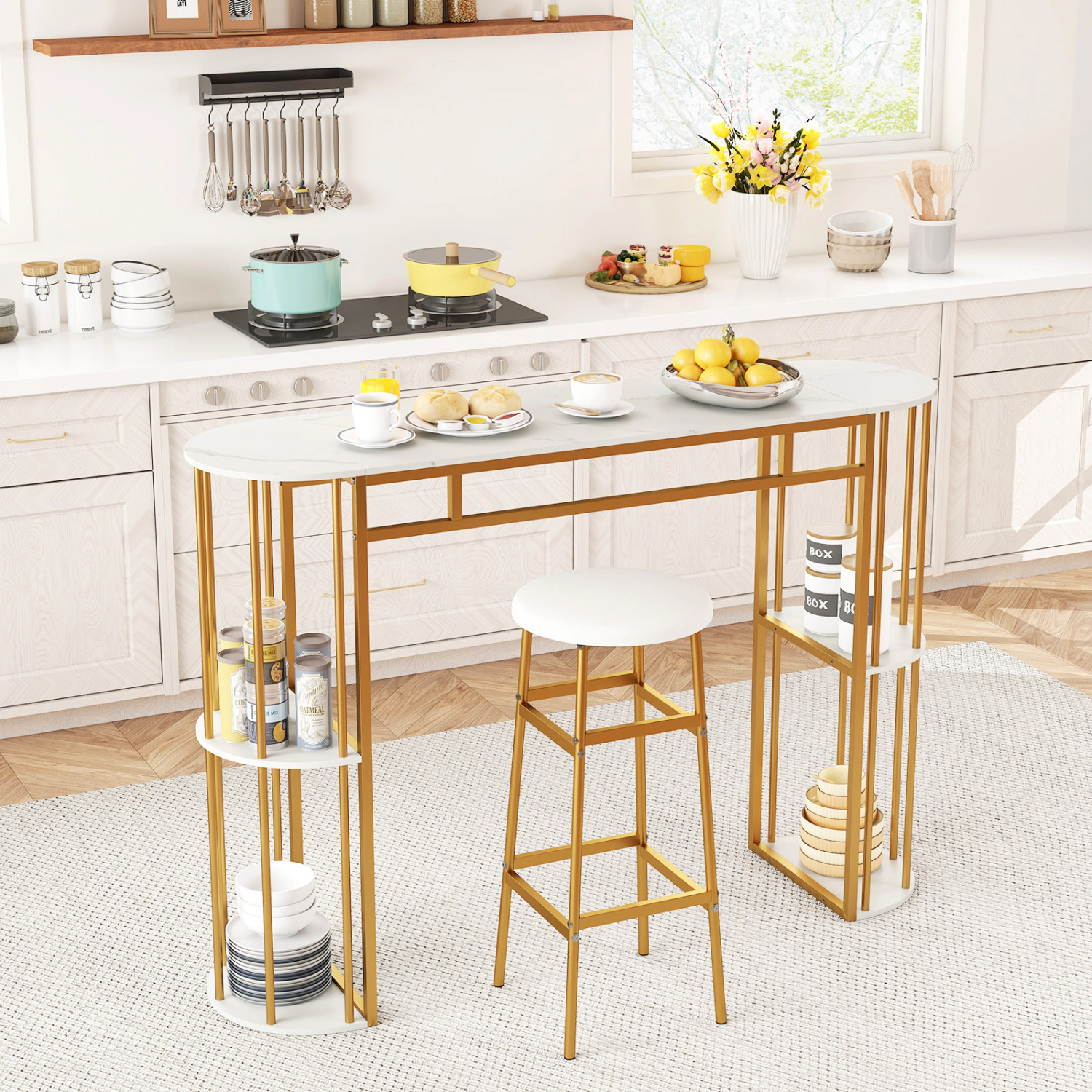 SUGIFT 60-in Long Narrow Bar Table with Faux Marble Tabletop and Storage Shelves 135-lb Capacity Black/Golden and White