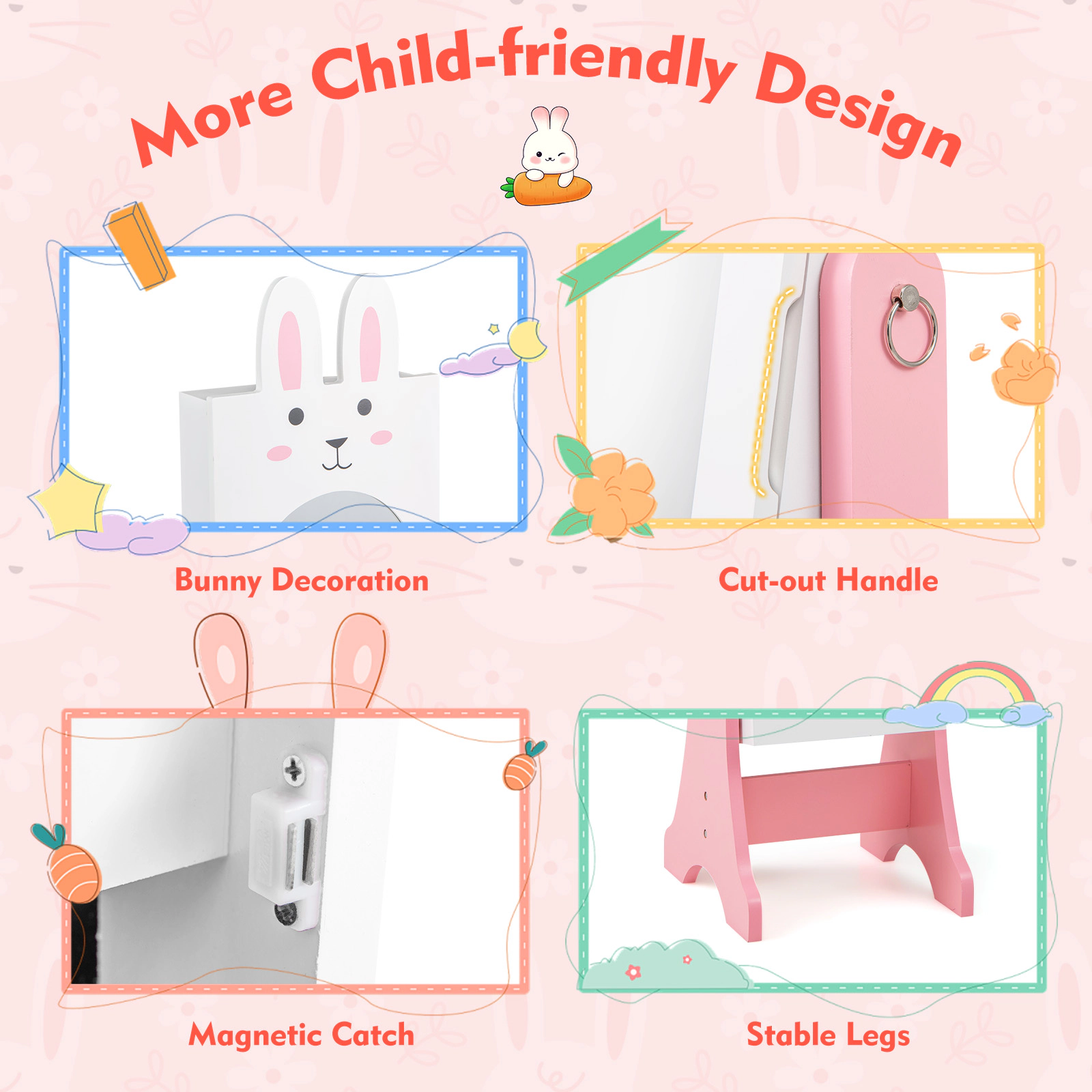 SUGIFT 45-in Kids Dress-Up Mirror Cabinet Full-Length Jewelry Armoire with 2 Tilt Angles Hooks and Drawers