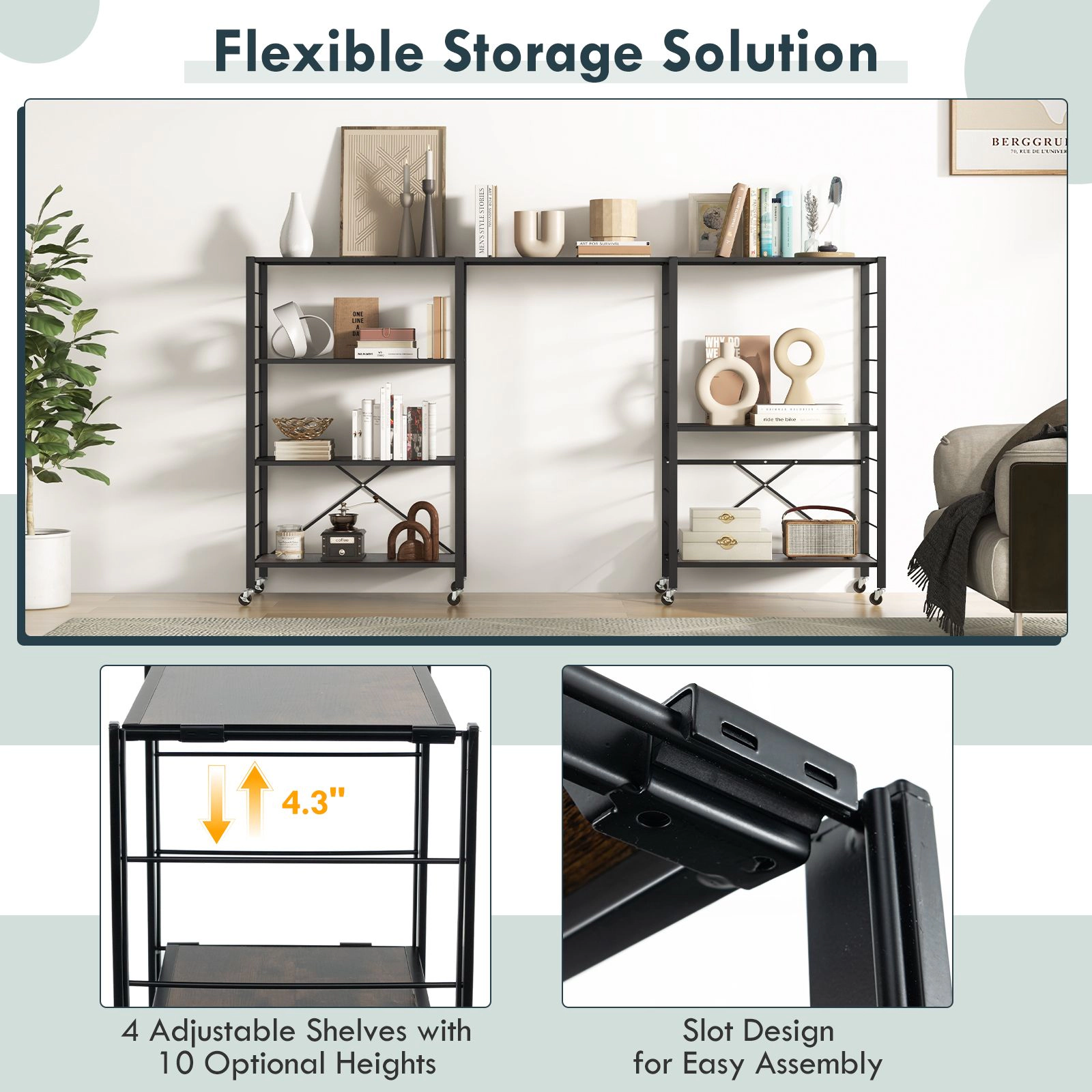 Slickblue 4-Tier Adjustable Storage Shelf with Wheels, 48" Tall