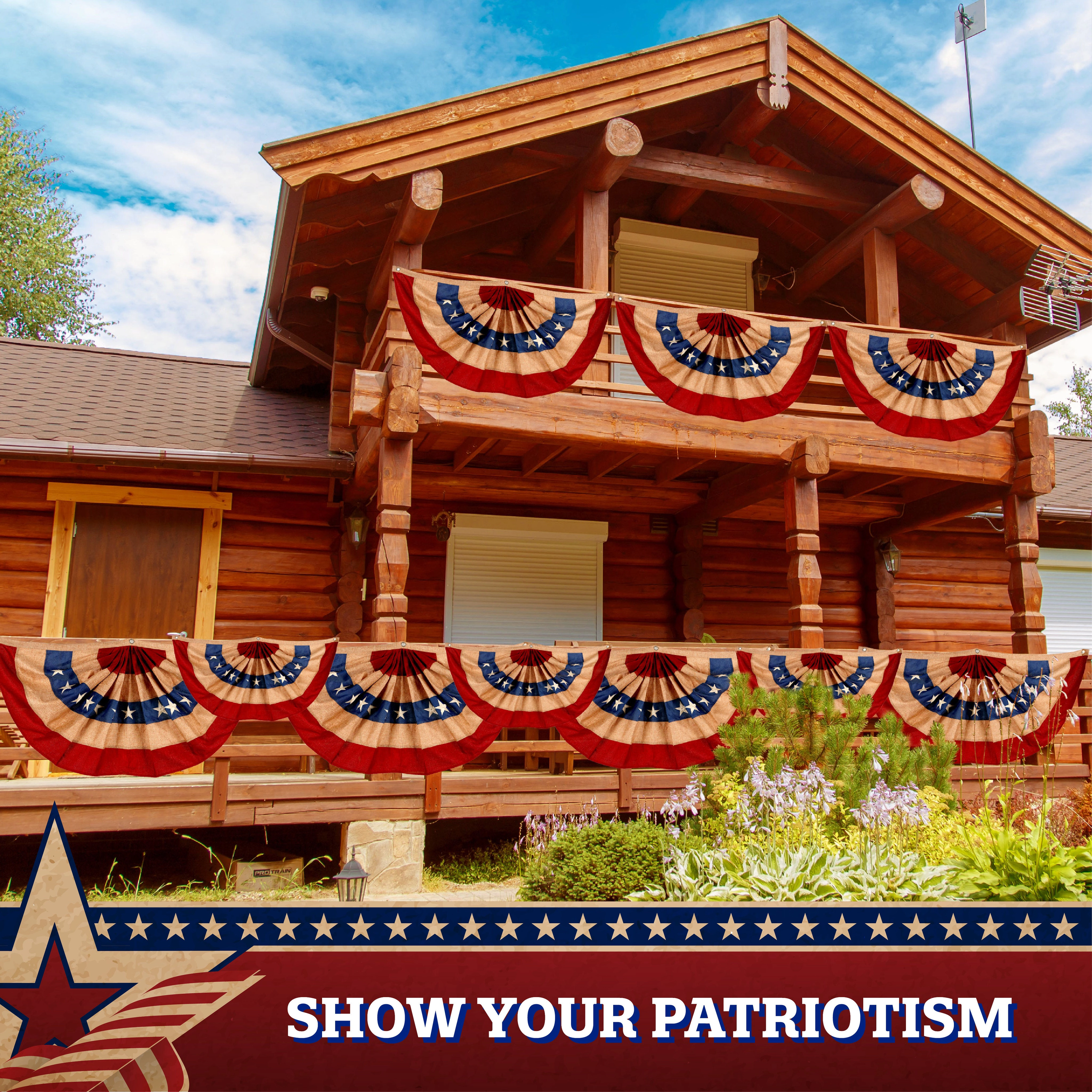 G128 3-Pack USA Pleated Fan Flags 2x4 ft - Tea-Stained Burlap Look, Embroidered Stars and Stripes