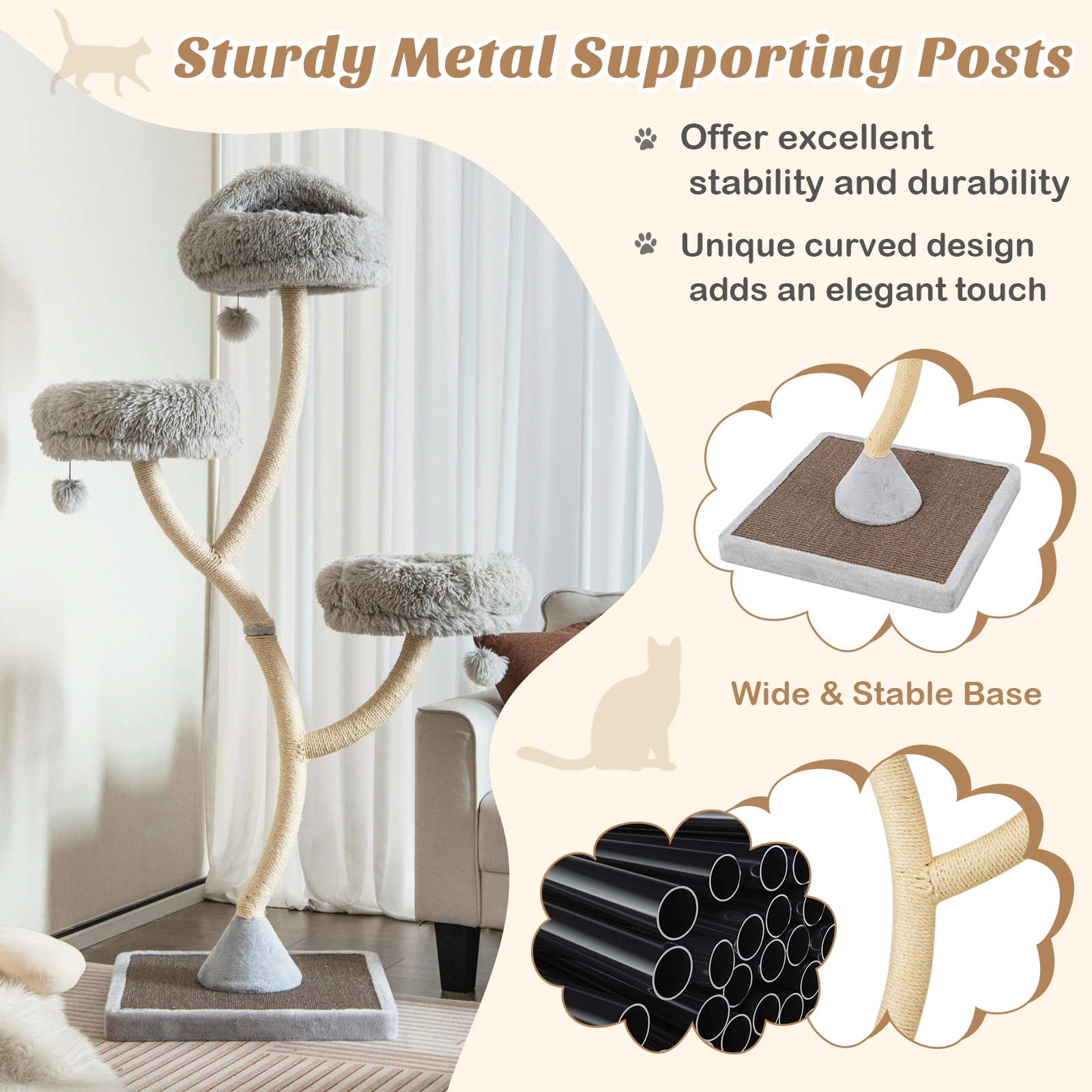 SUGIFT 70-in Decorative Cat Tree Tower with 3 Cushioned 16-in Perches Sisal Posts and 48.5-lb Base