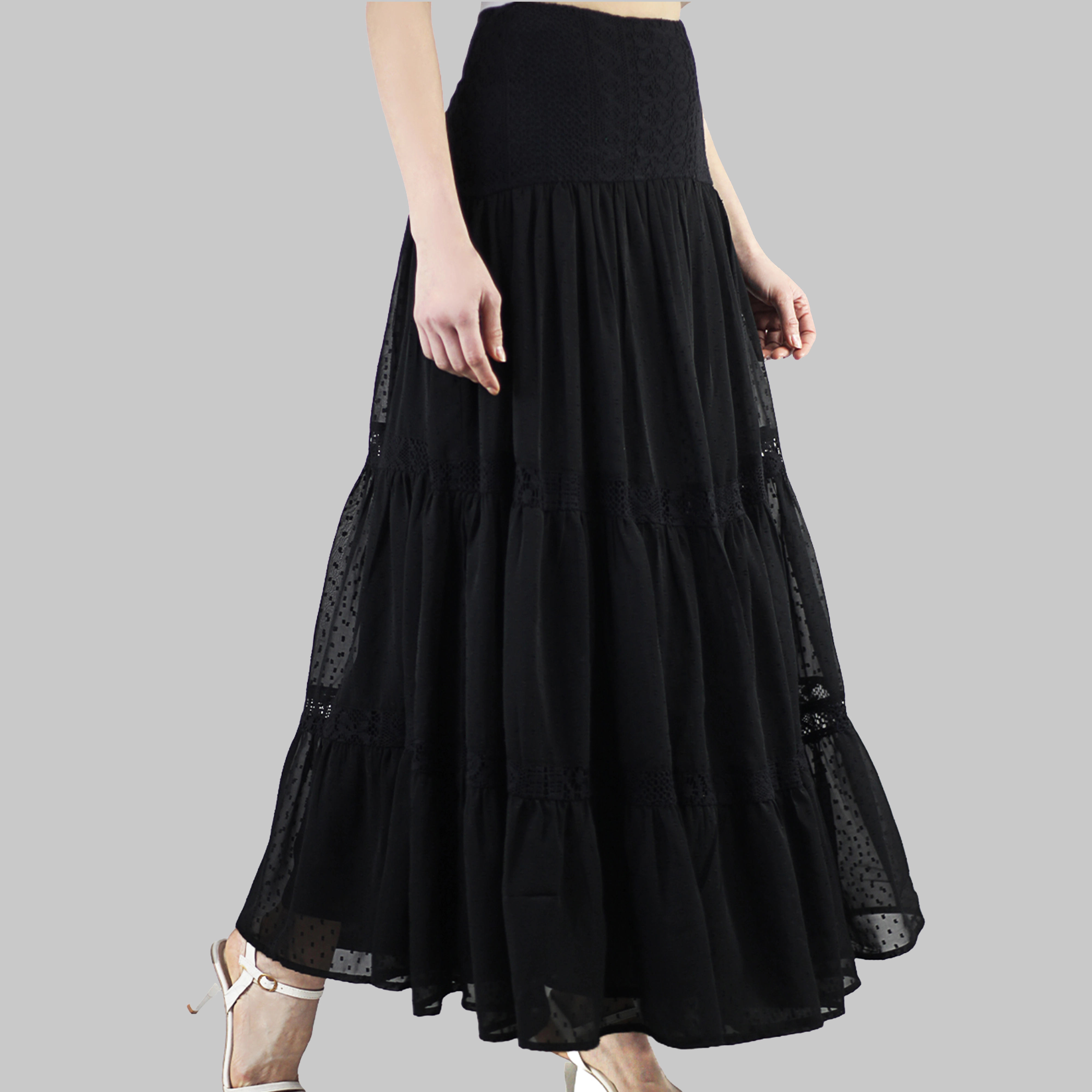Artyska Women's Boho Flowy Tiered Ruffle Lace Long Maxi Skirt