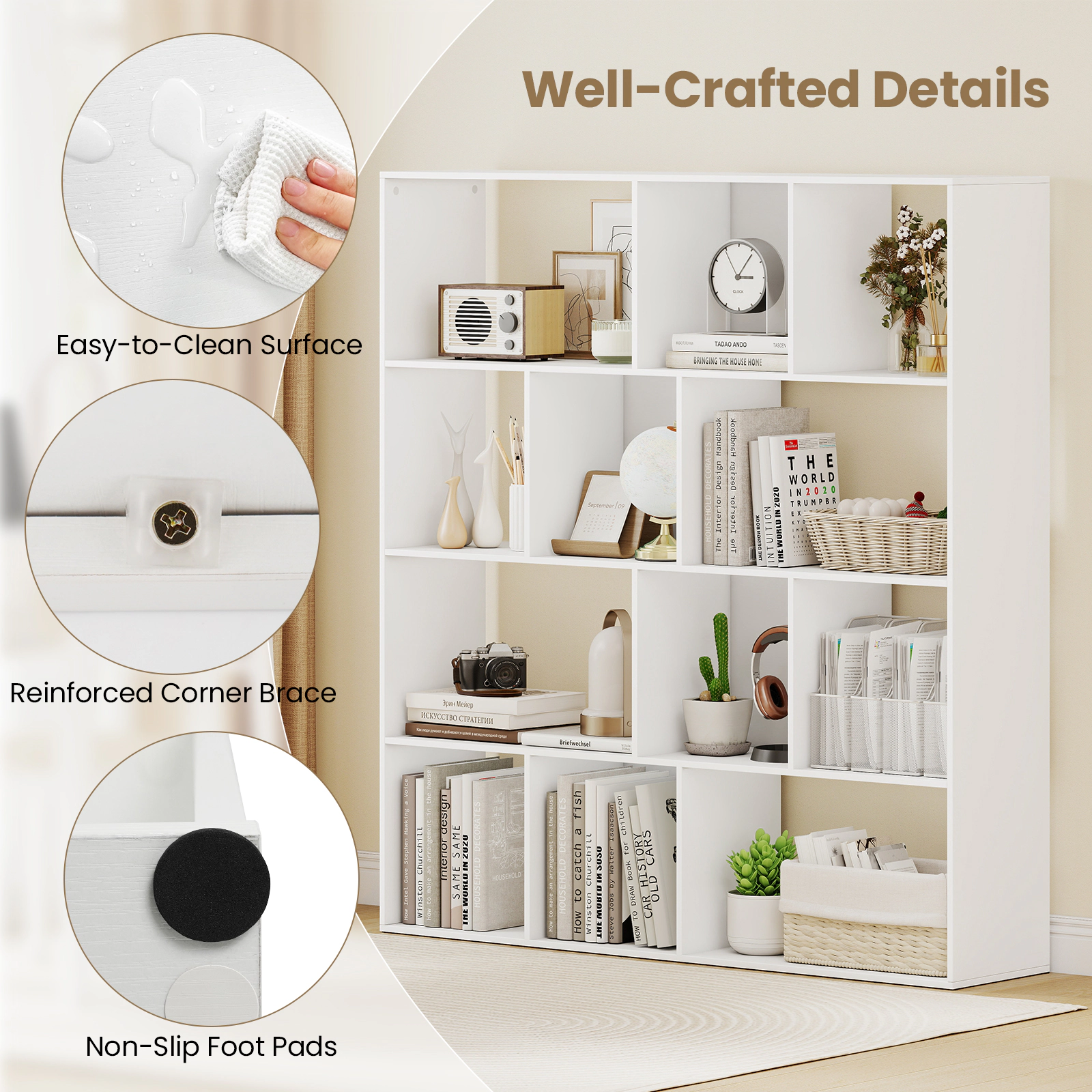 SUGIFT 4-Tier Open Shelf Bookcase with 12 Storage Compartments 485-lb Capacity Engineered Wood MDF White