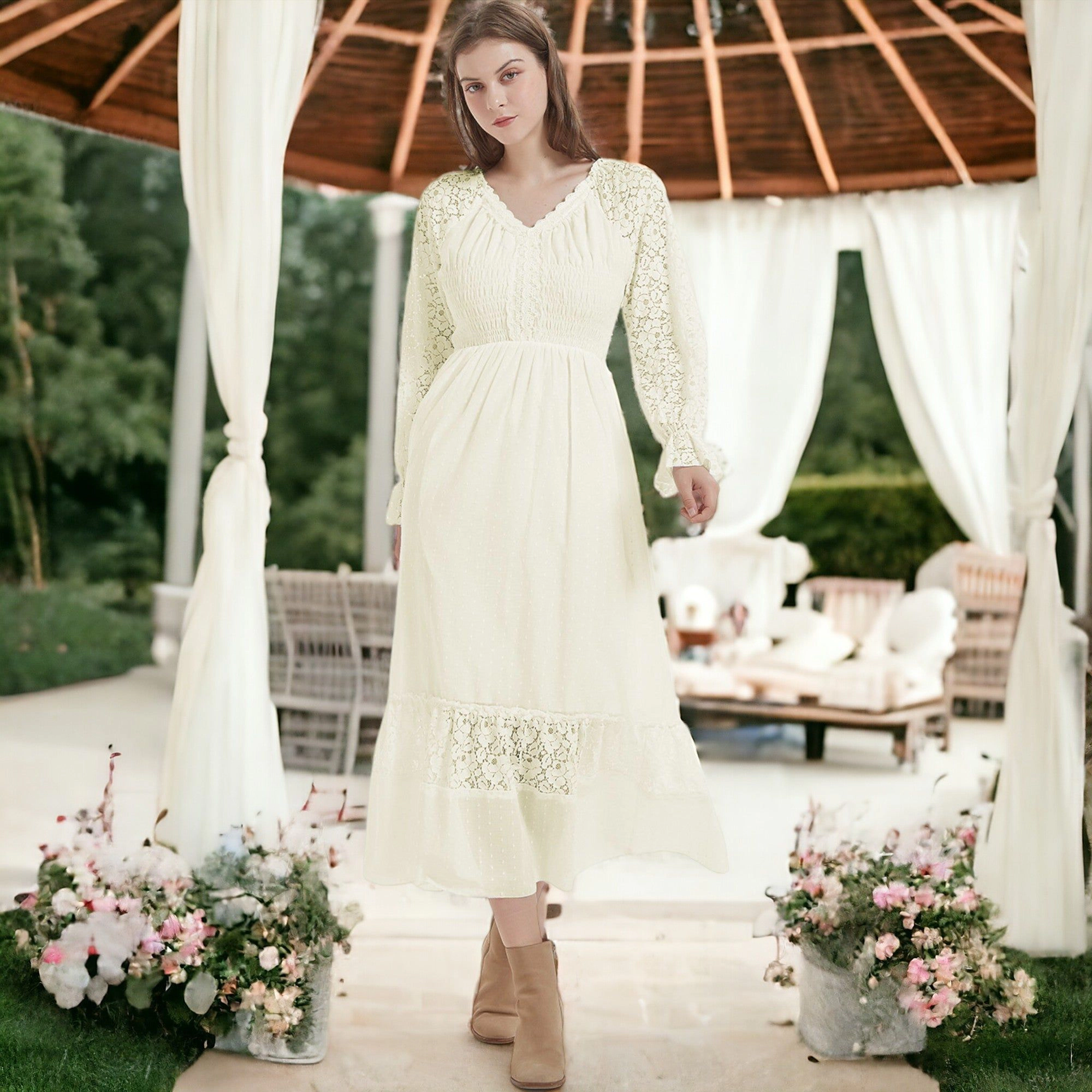 Anna-Kaci Women's Fall Lace V Neck Long Sleeve Maxi Dress