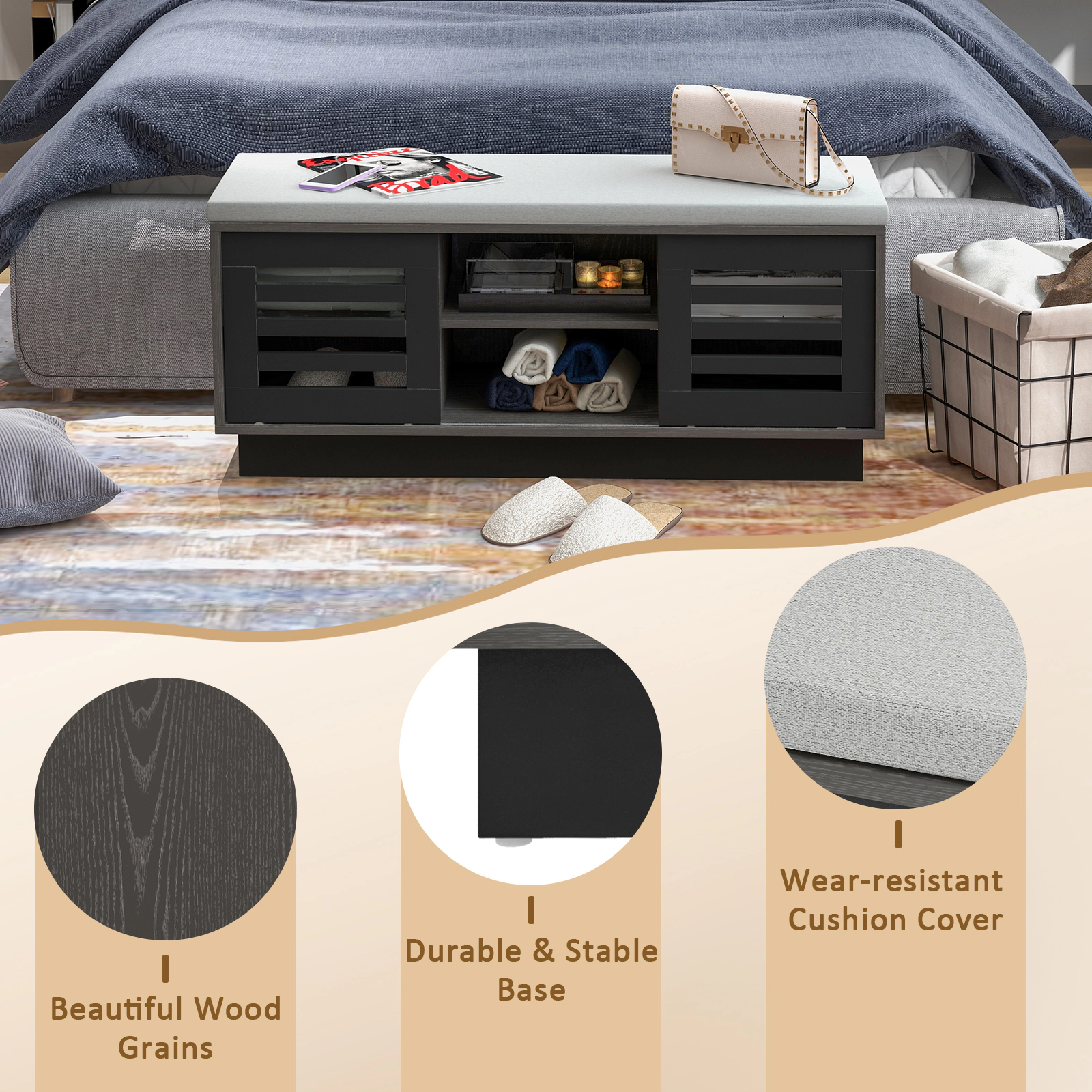SUGIFT Gray 6 Storage Compartments 3 Adjustable Shelves and Sliding Doors 39 Inch Shoe Bench