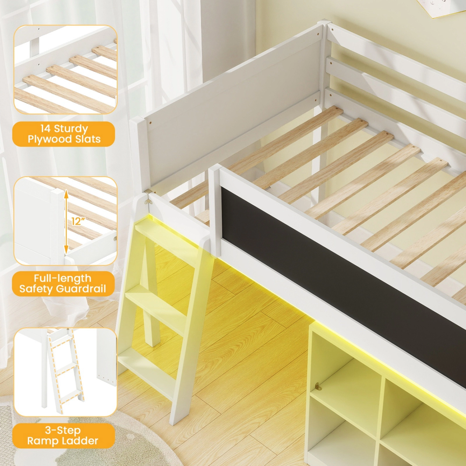 SUGIFT Twin Low Loft Bed with RGB LED Lights, Rolling Bookcase and Chalkboard, White