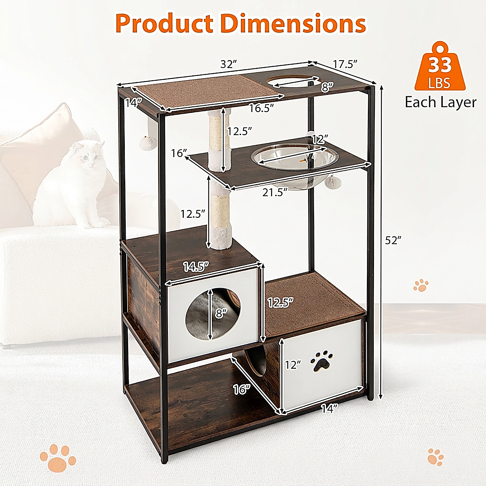 SUGIFT 52-in Coffee Wooden Cat Tree with Metal Frame 2 Condos Faux Rabbit Fur Cushions and Footpads