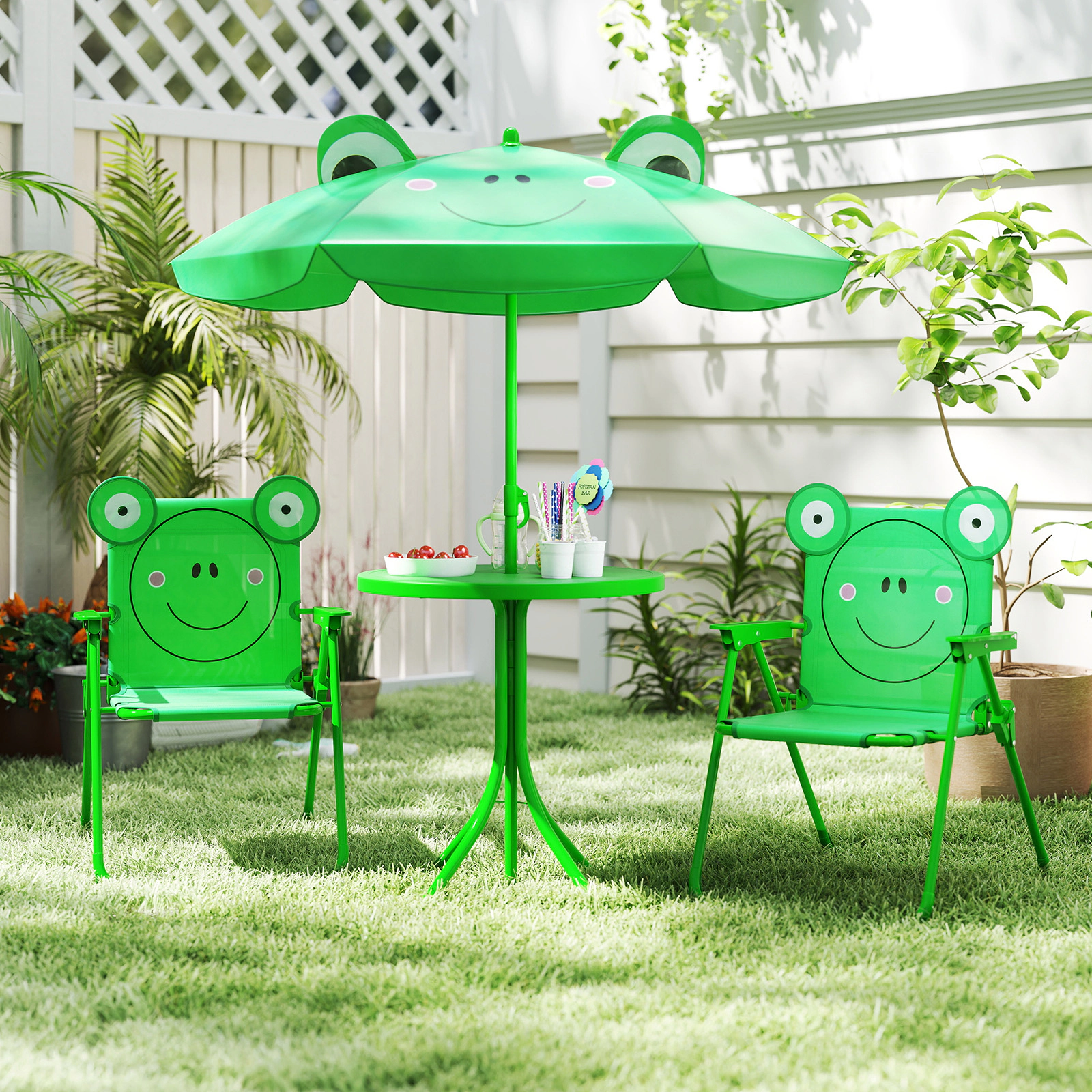 SUGIFT Kids Picnic Table Set, 4-Piece Green Folding Set with 2 Chairs and Removable Umbrella