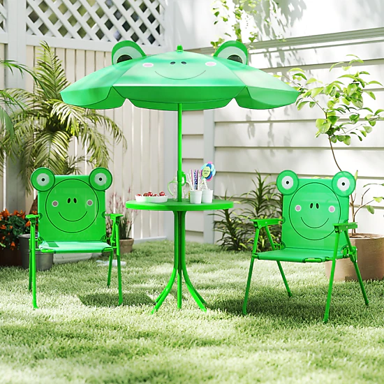 SUGIFT Kids Picnic Table Set, 4-Piece Green Folding Set with 2 Chairs and Removable Umbrella