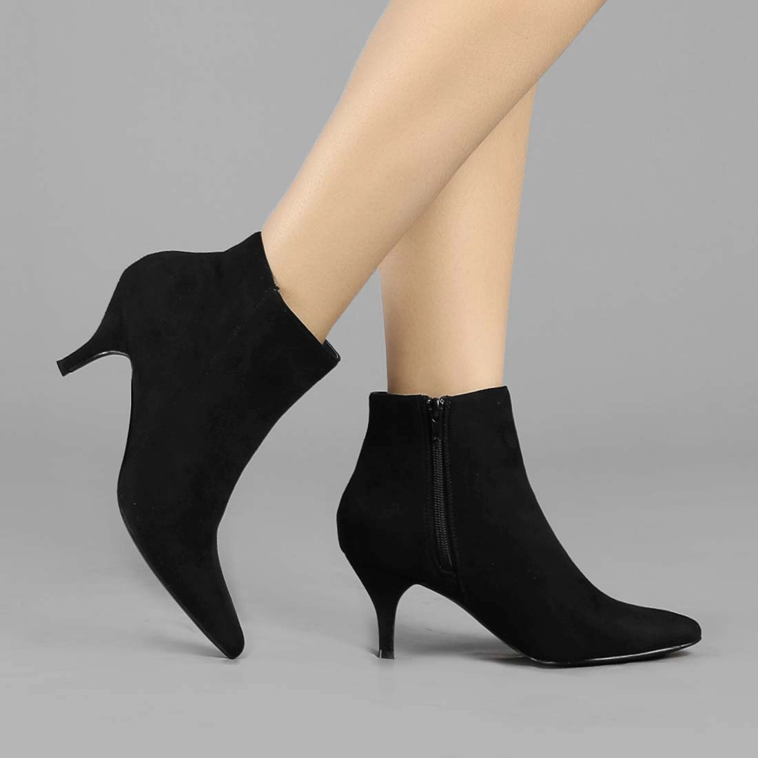BLISSFUL STEP Women's Pointed Toe Zip Stiletto Kitten Heel Ankle Booties