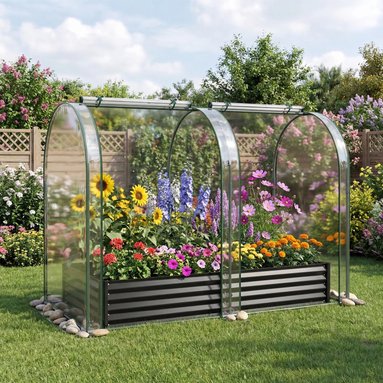 SUGIFT Black Galvanized Raised Garden Bed with PVC Greenhouse Cover 6-ft W 3-ft D 1-ft H 130-Gal Soil Capacity
