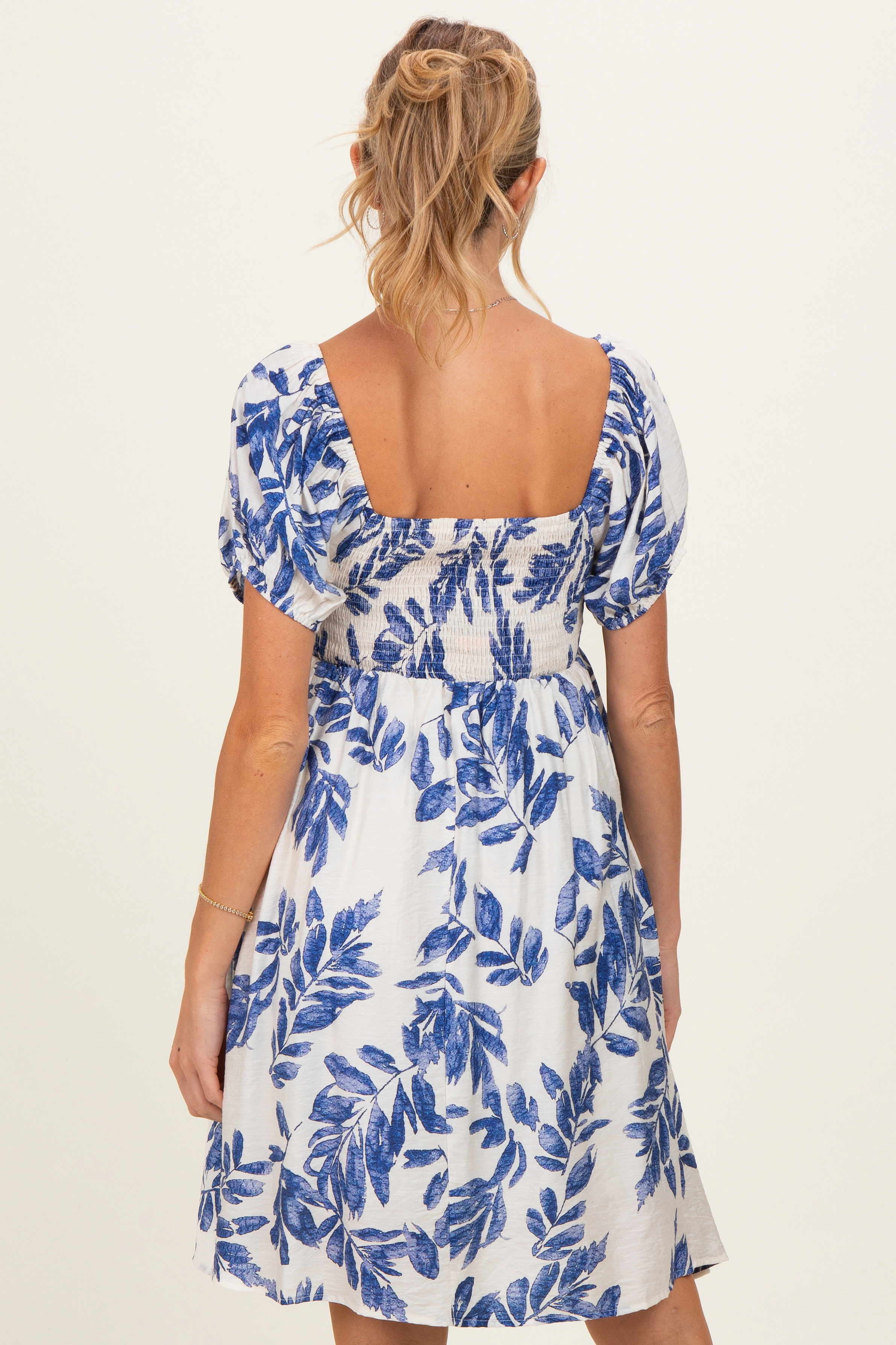 PinkBlush Womens Blue Floral Puff Sleeve Maternity Dress